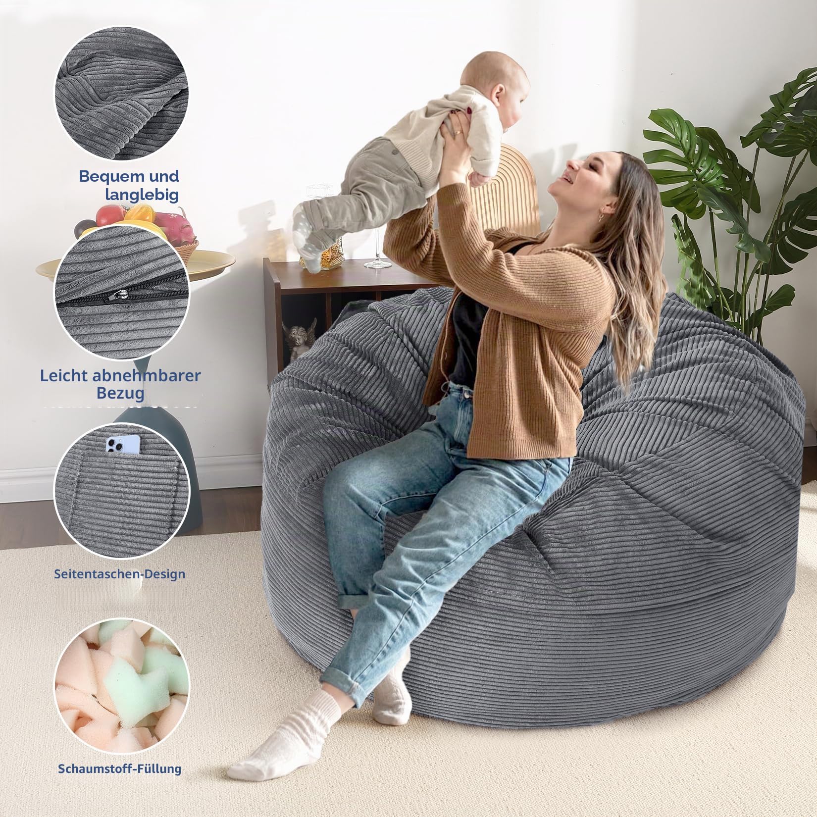 Sitzsack-Bett 200x150x25 cm, Umwandelbar Von XXL Sitzsack-Sessel Zu Bett, Mit Waschbarem Cordbezug, Komfortabler Schaumstoff-Füllung & Seitentasche, Für Wohnzimmer Schlafzimme Gaming, Hellgrau