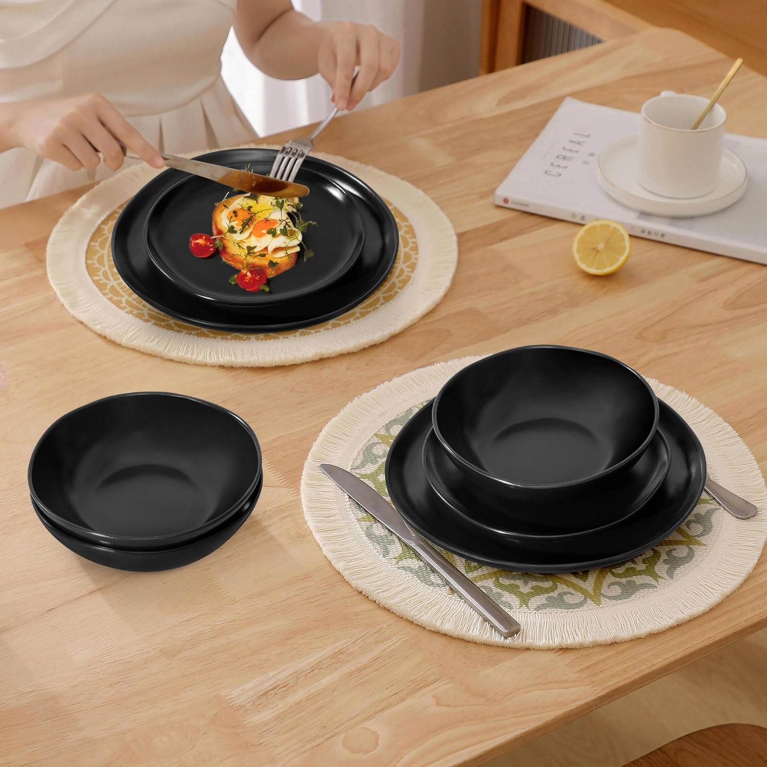 Herogo Stoneware Dinnerware Sets for 8, 24 Piece Ceramic Dinner Dishes Set, Irregular Handmade Plates and Bowls Dishware, Crack and Scratch Resistant, Reactive Glaze, Matte Black