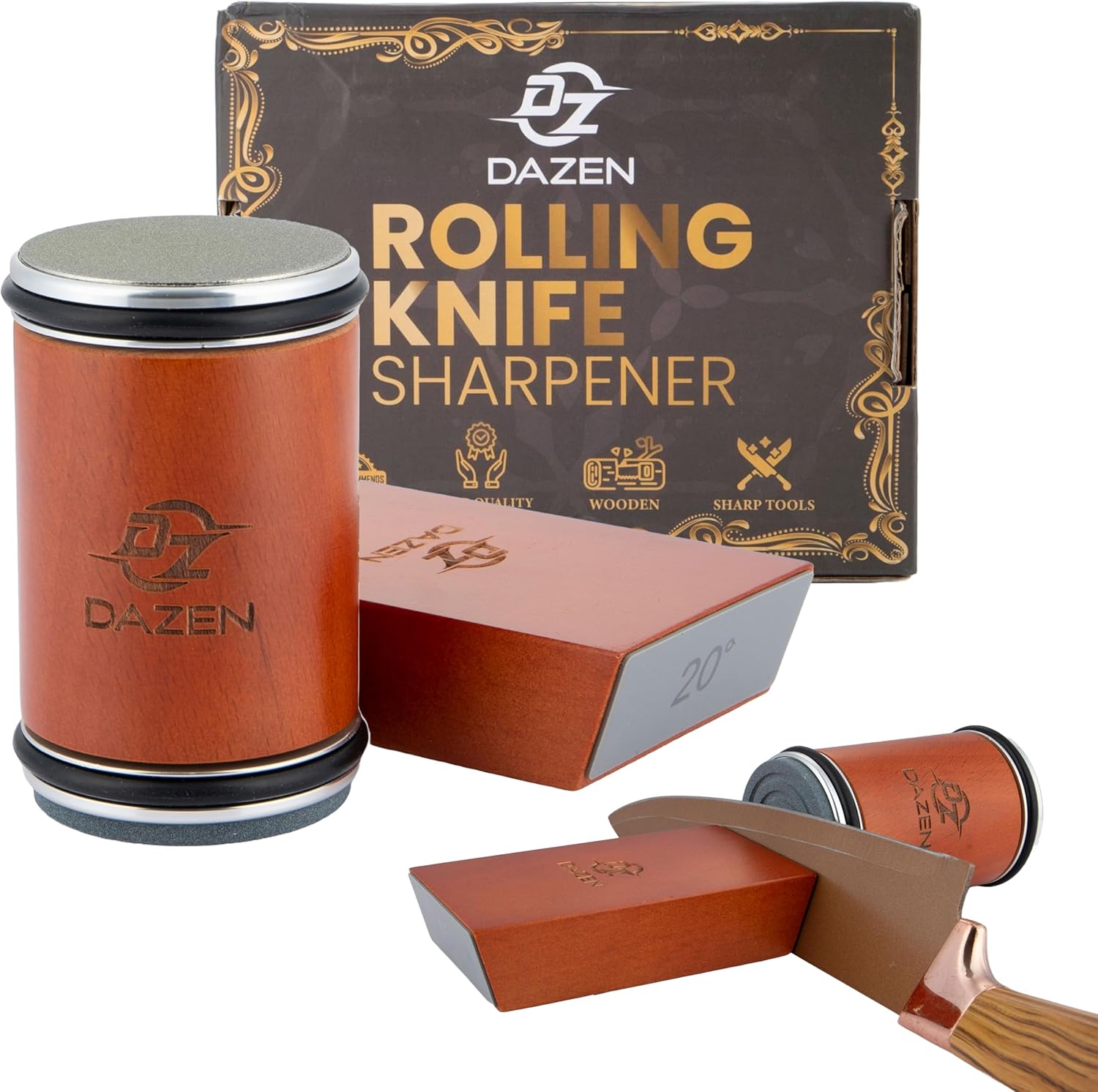 DAZEN Rolling Knife Sharpener Kit – Durable Knife Sharpening System – 15° and 20° Magnetic Angle – Diamond & Ceramic Honing Discs – Elegant Gift for Chefs & Cooks – Suitable for Kitchen Knives