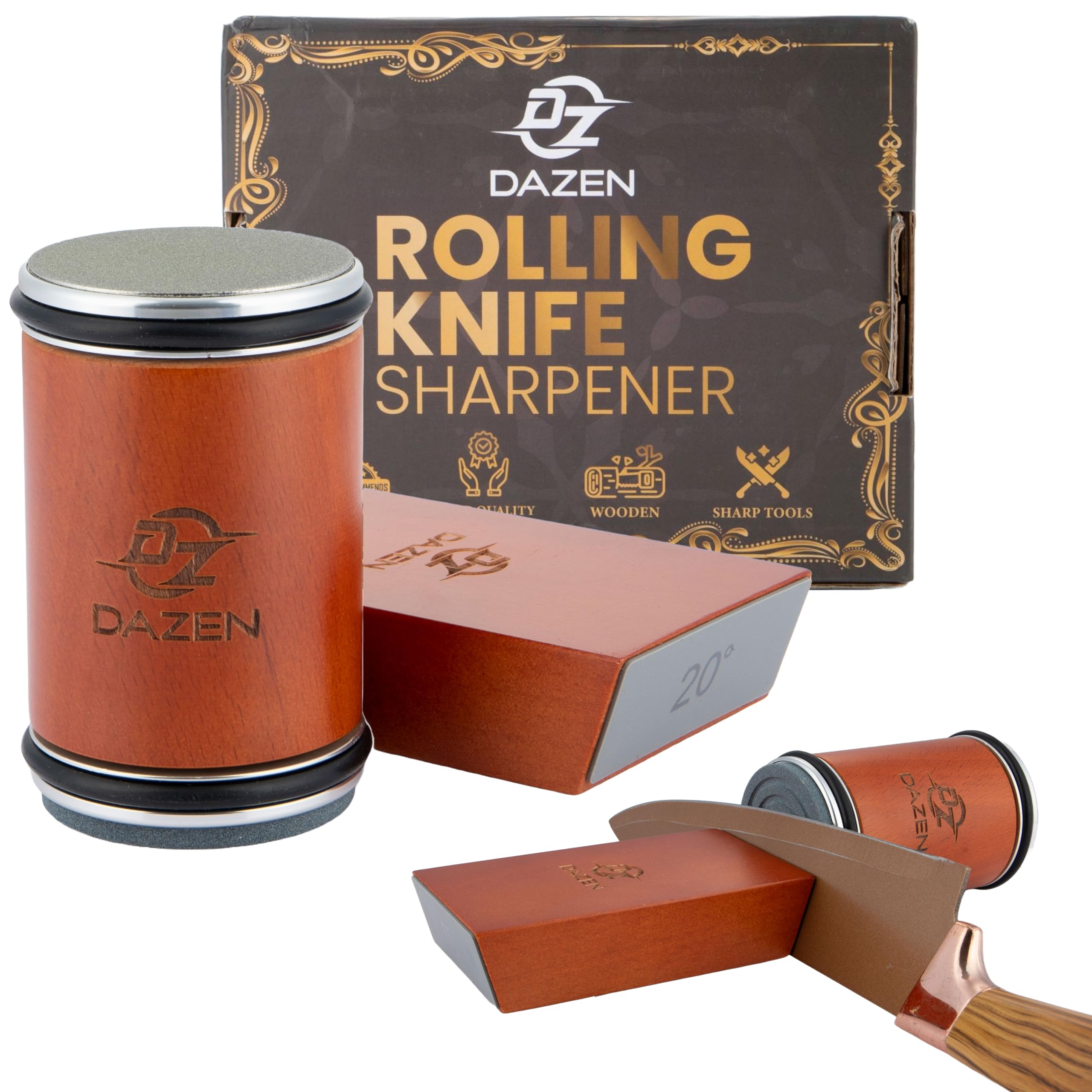 DAZEN Rolling Knife Sharpener Kit Durable Knife Sharpening System 15 and 20 Magnetic Angle Diamond Ceramic Honing Discs