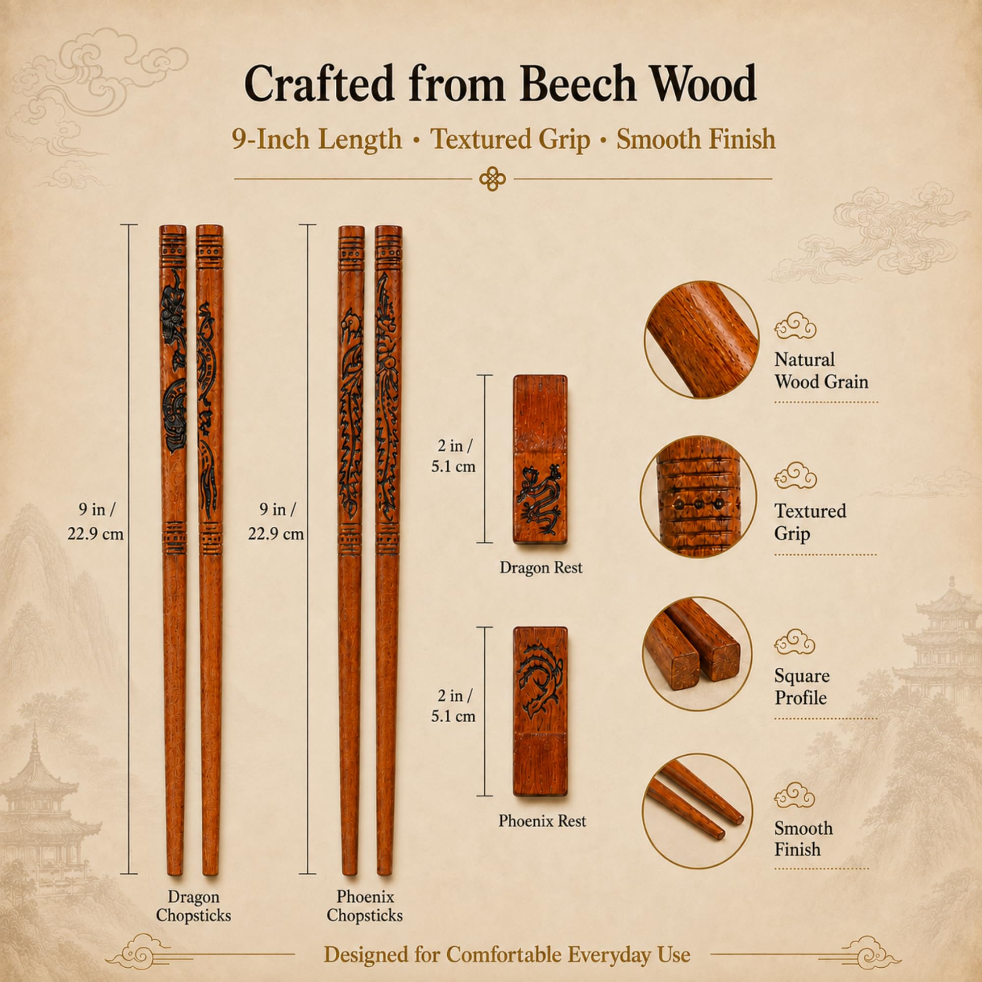 Dragon & Phoenix Wood Chopsticks Set - Gift Included -4