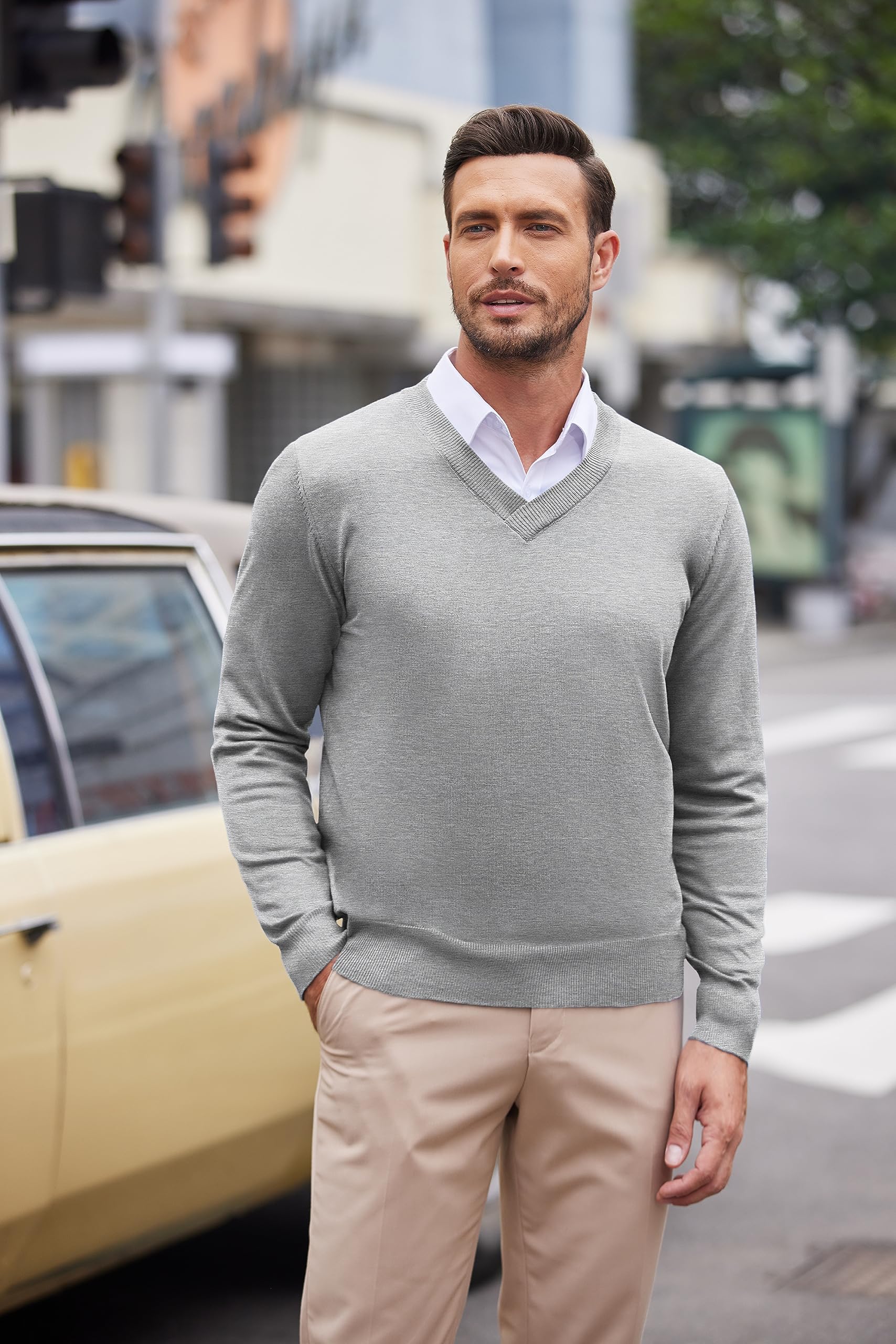 COOFANDY Jersey para Hombre Cuello V Suéter Fino Manga Larga Slim Fit Suéter de Punto Suéter Formal Casual Color Sólido Jersey Invierno Sweater Básico