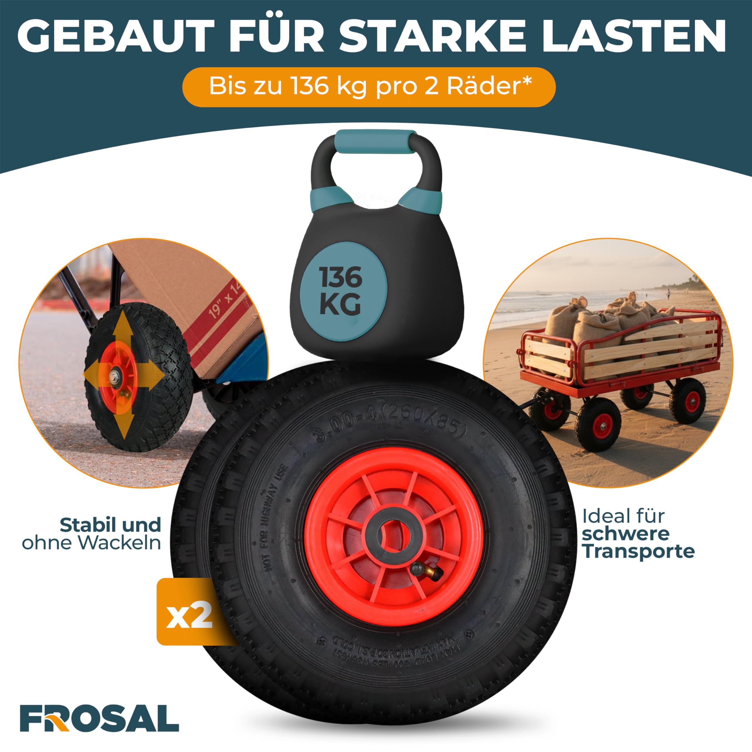 FROSAL Ersatzräder 260 mm (3.00-4) – 2er-Set – luftbereifte Räder mit Rollenlager – Ø 260 × 85 mm auf roter Kunststofffelge – für Ø 20 mm Achsen & 75 mm Nabenlänge – für Bollerwagen & Sackkarre