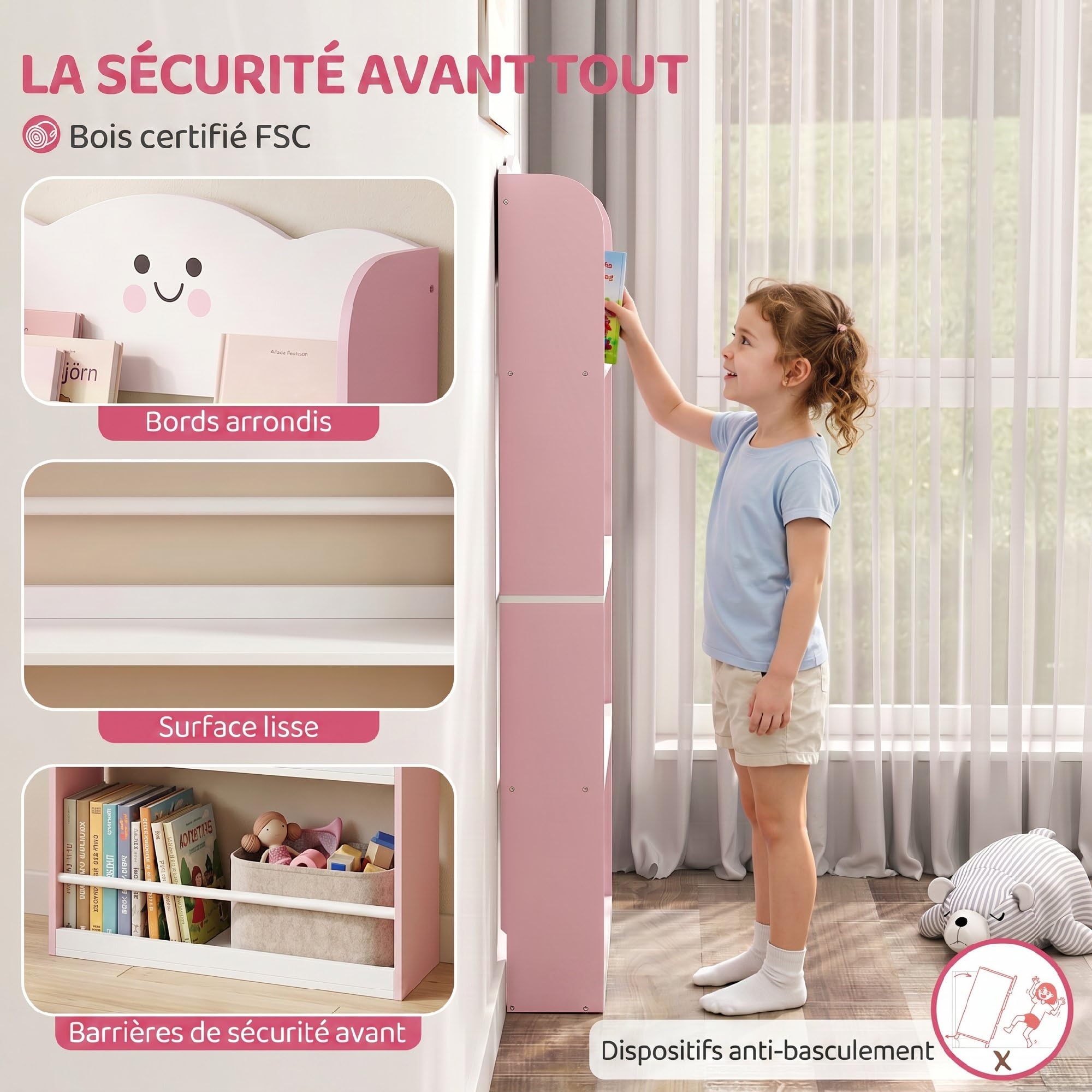 AIYAPLAY Bibliothèque Murale pour Enfant, Rangement Livre Enfant 4 Niveaux, Meuble de Rangement en thème Barbe à Papa, étagère Chambre Enfant pour Salle de Jeux, Chambre d'enfant, Rose