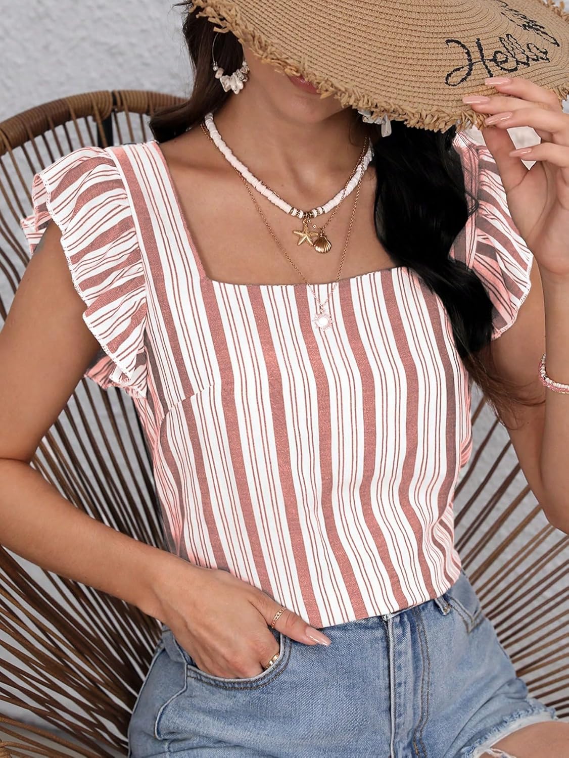 SweatyRocks Women's Summer Square Neck Striped Shirt Casual Ruffle Cap Sleeve Blouse Tank Top - Image 3