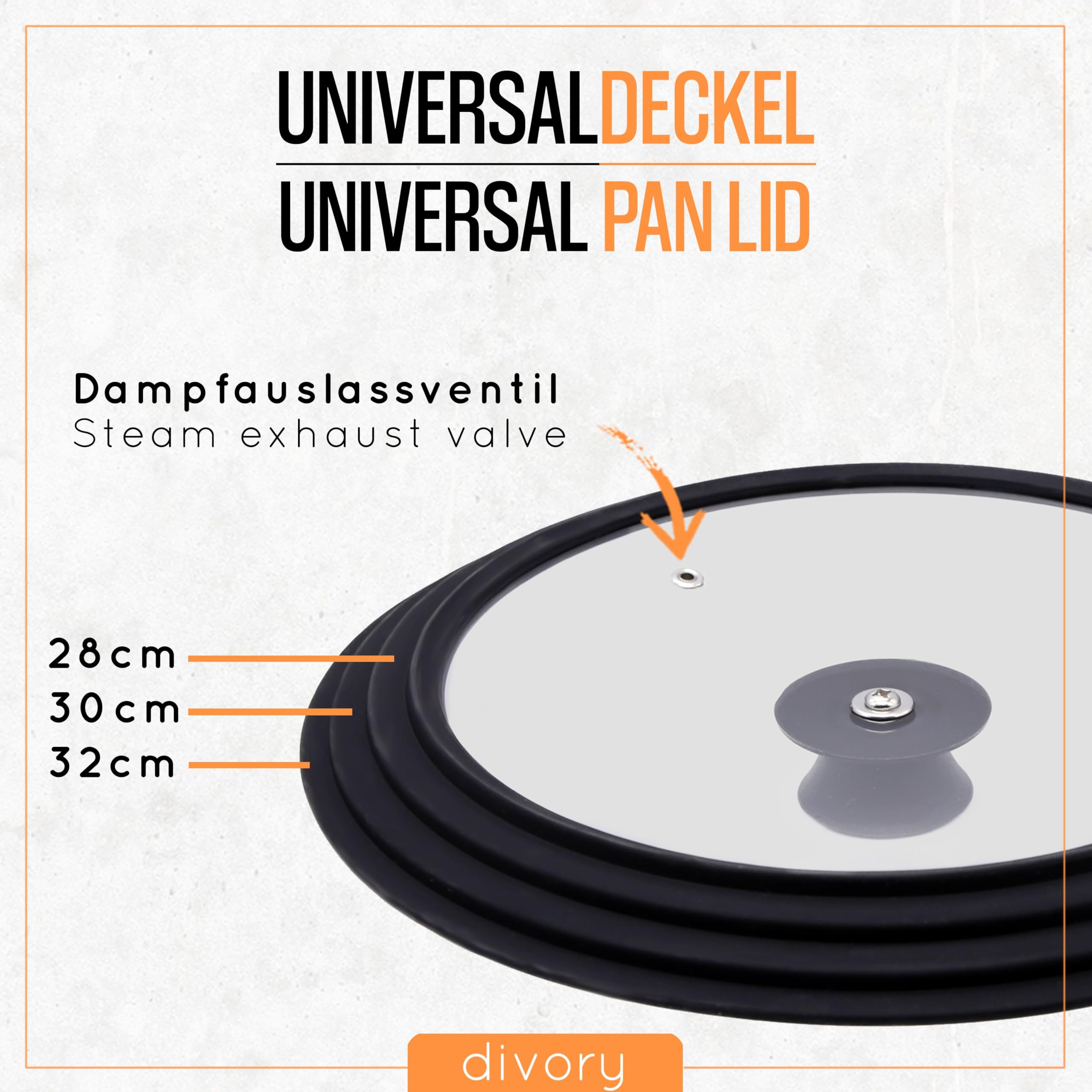 DIVORY universal glass lid diameter 28, 30, 32 cm, for pots wok, skillets and pans, frying pan, saucepan, cookware - Image 3