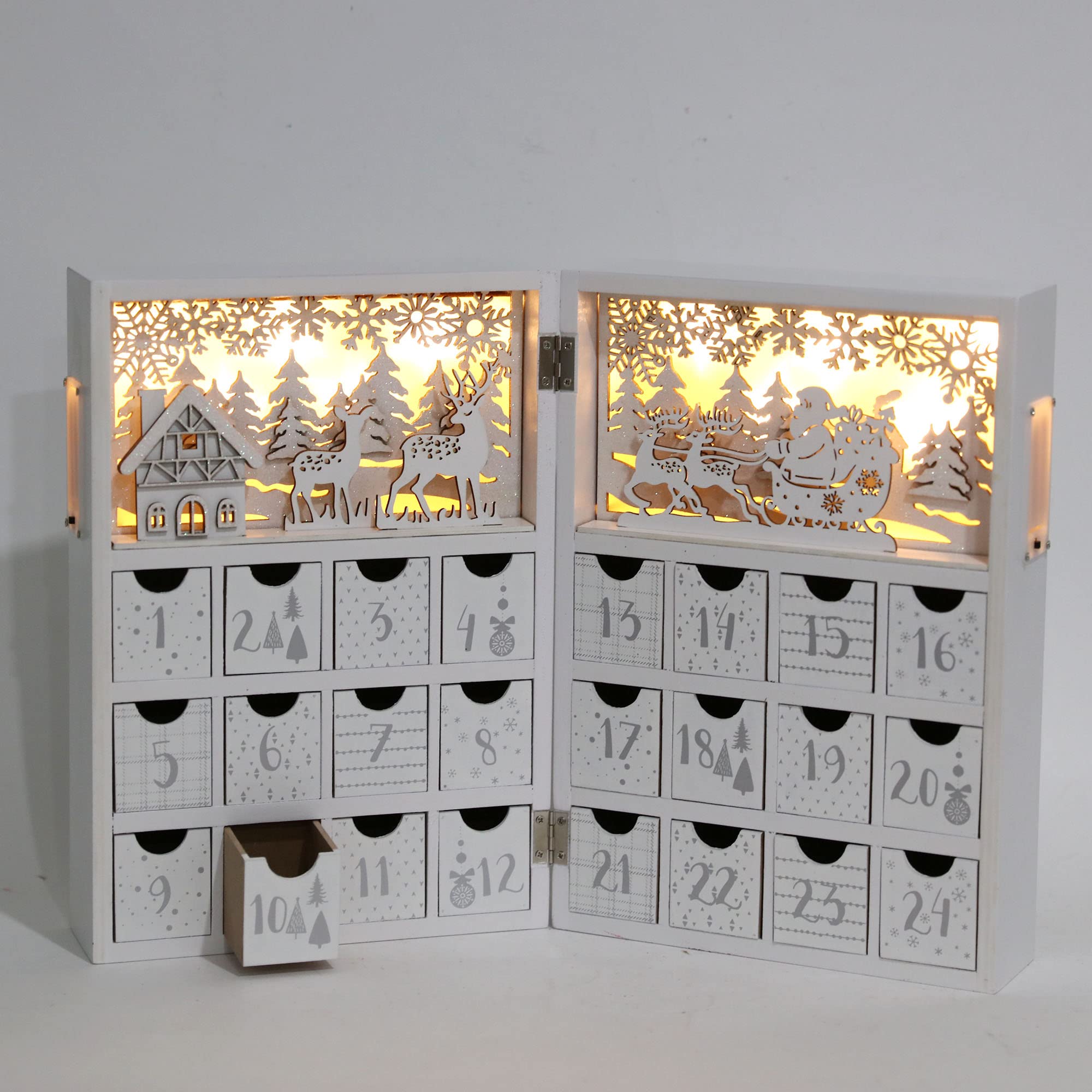 PE Weihnachten Holz Adventskalender Buch mit Schubladen und LED, Wiederverwendbarer Weihnachts-Countdown Holz-Adventskalender mit Dorfwald Rentier-Szene Erwachsene Kinder (Weiß & Gold)