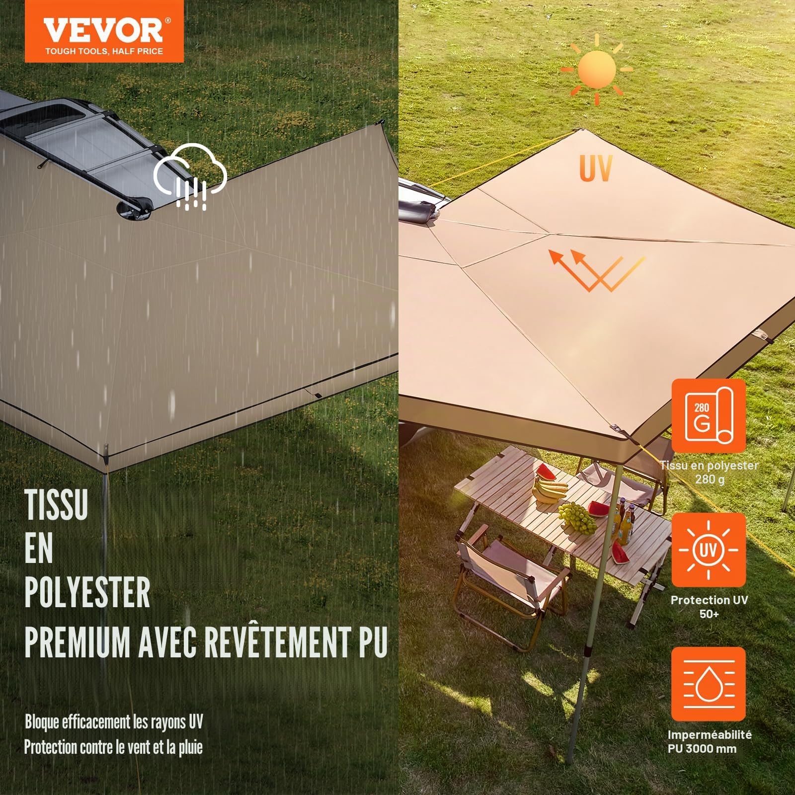 VEVOR Auvent Voiture Rétractable 270° 2,5 m Auvent Latéral Voiture PU3000 mm UV50+ Résistant Soleil/Eau/Vent avec Sac de Rangement en PVC, Auvent sur Côté/à l'Arrière pour Camions, SUV, Fourgonnettes