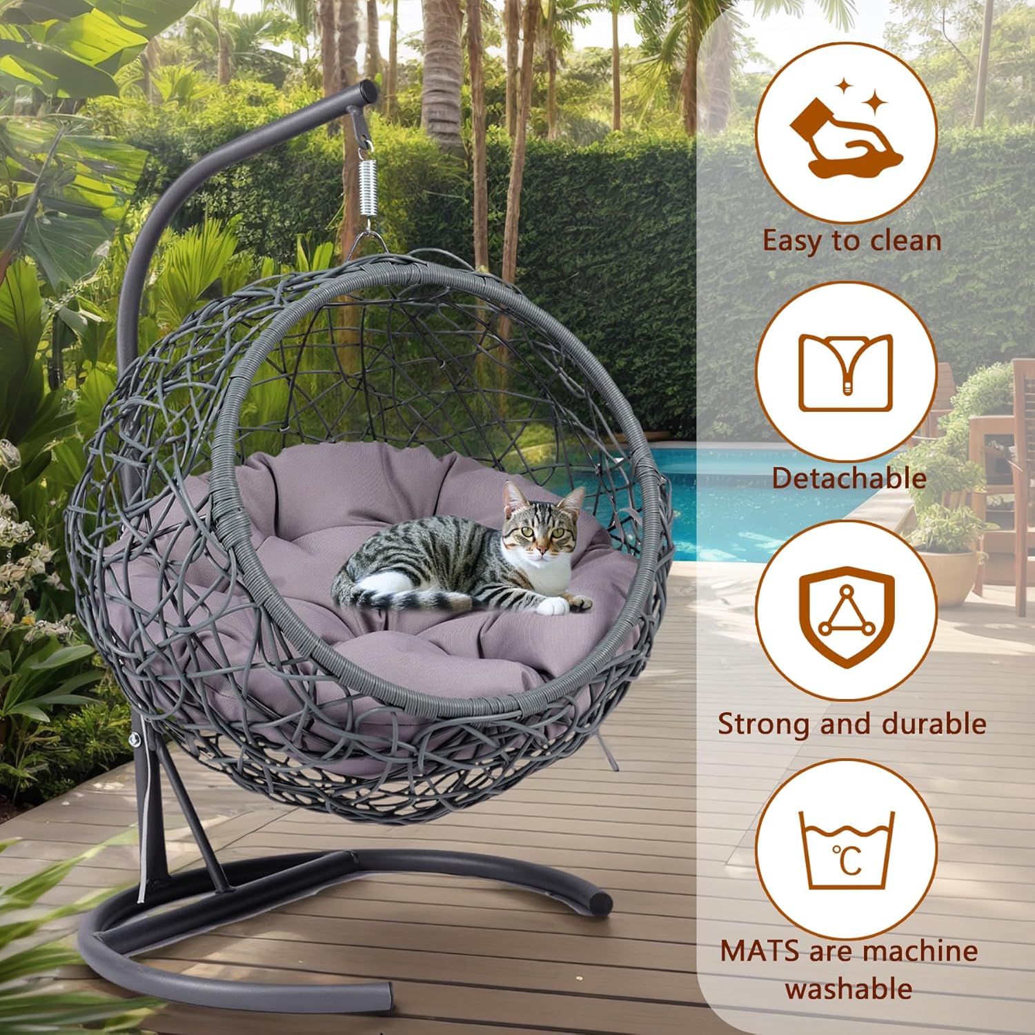 Cat Egg Chair with Stand & Cushion, Cat Swing Bed with Rattan Wicker Appearance, Hanging Chair for Indoor Cats Pet Kitten Puppy Small Dogs (Grey, 17.70 Inch)