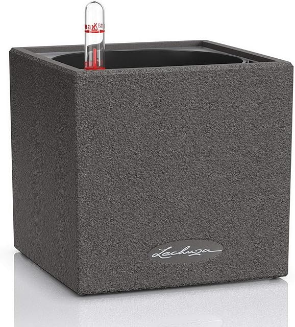 LECHUZA CANTO Stone 14 Self Watering Planter Small Flower Plant Pot Indoor Table Planter without Drainage Hole with Plant Substrate Poly-Resin H14 L14 W14 cm Graphite Black