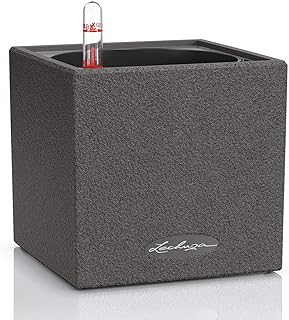 LECHUZA CANTO Stone 14 - Vaso da fiori per interni senza foro di drenaggio con substrato per piante, in poliresina H14, L14, W14 cm, colore: Nero grafite