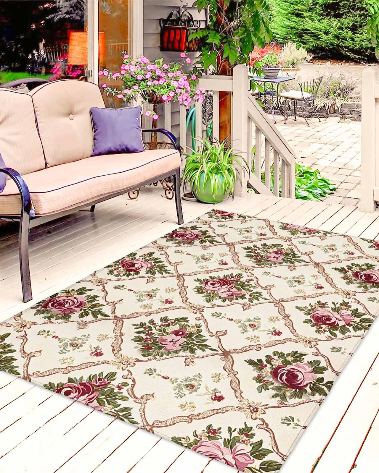 Amazon.com: Outdoor Patio Rug Vintage Floral Grid Outdoor Rugs