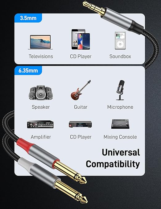 Cable Y 3.5mm a 2x6.35mm 6.6ft, Nylon Trenzado, Dorado, KAYQINHO miniatura 4