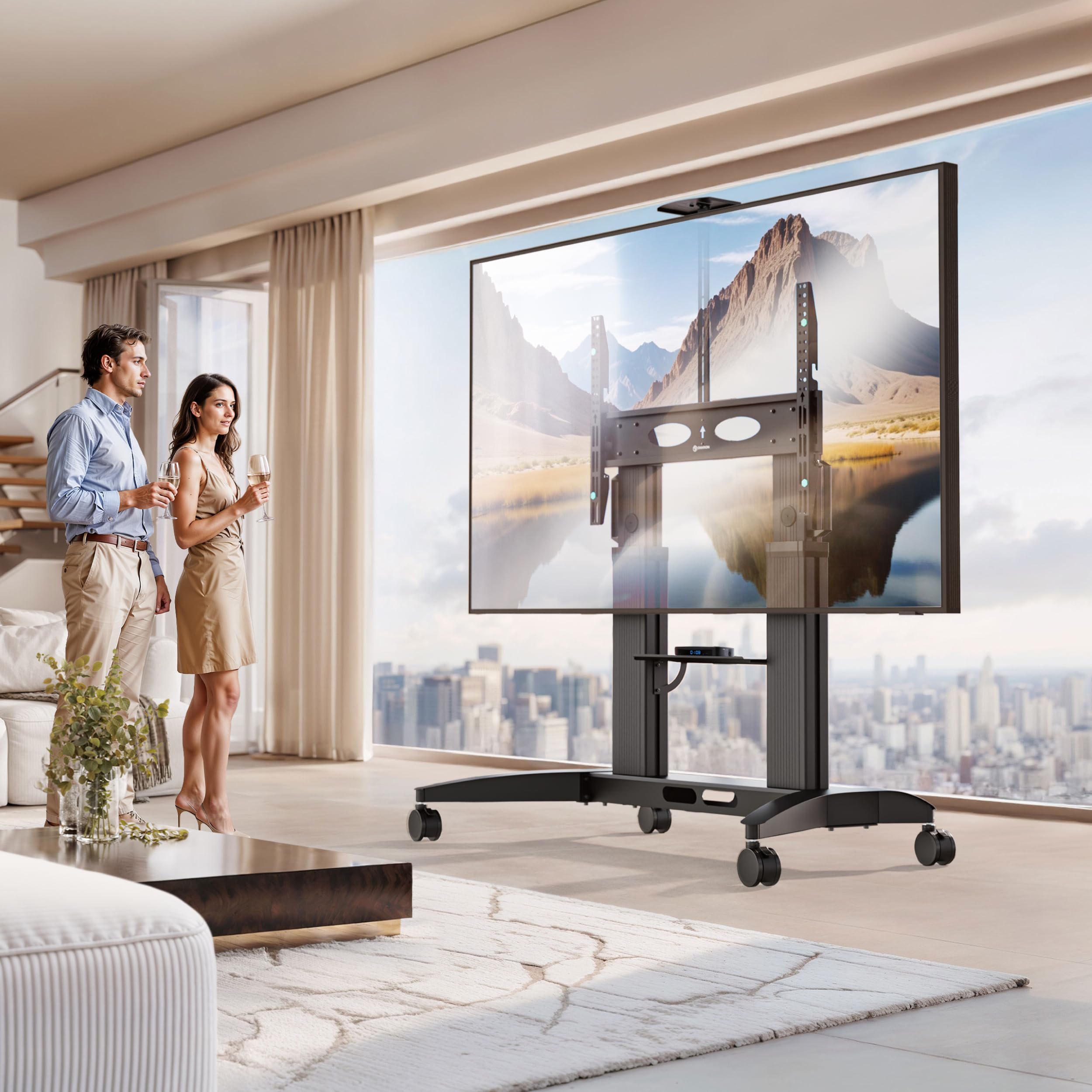 ONKRON TV Ständer rollbar 70-110", bis 130 kg, max VESA 1000x600, TS2821-B | TV Wagen höhenverstellbar 1315-1765 mm, Aluminium-Säulen, breite Basis, Kabelmanagement, Rollen; für Bildung, Büro & Events