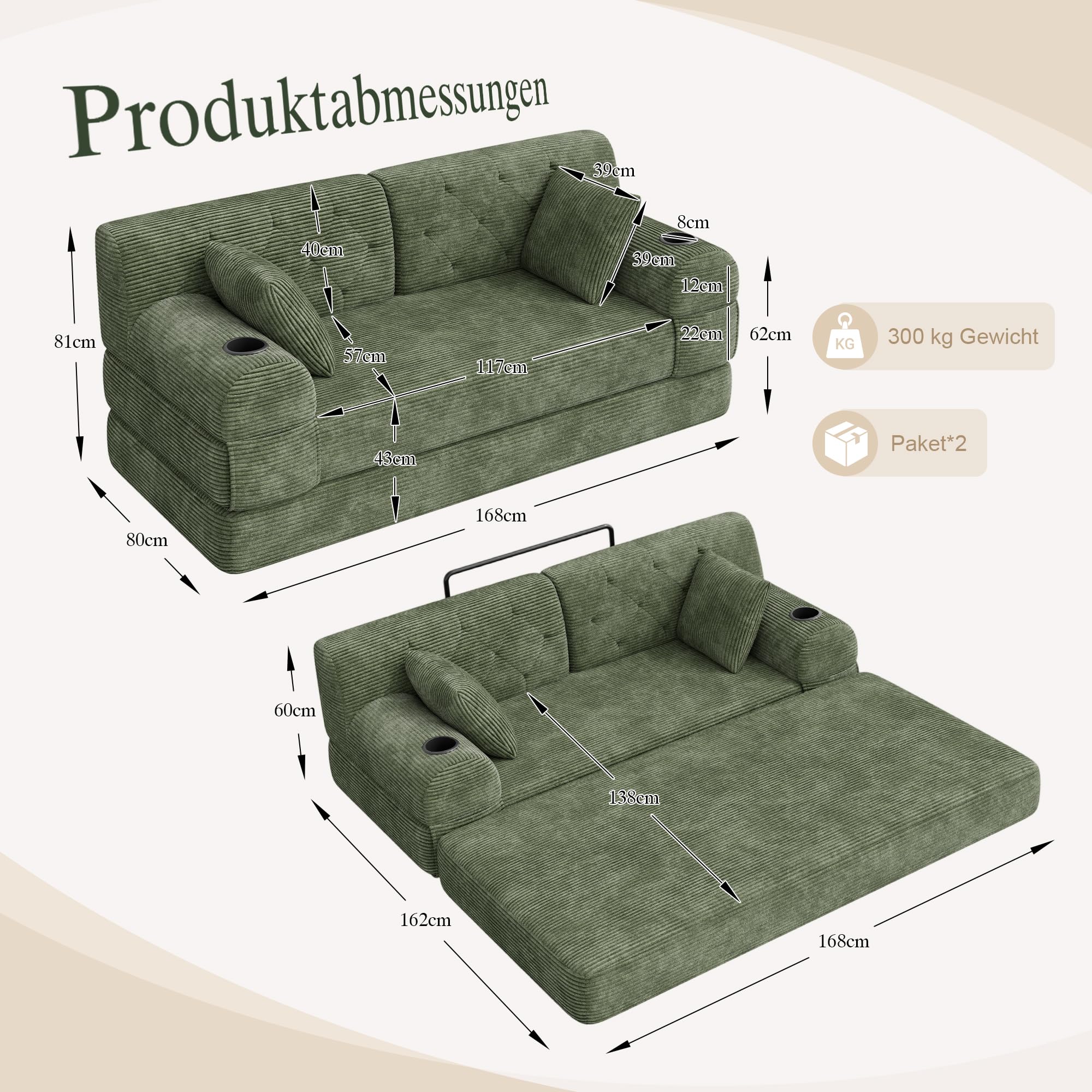 Divano Letto 2 posti con Struttura in Metallo, 2 Portabicchieri e 4 Tasche Laterali, divano Modulare Pieghevole a Compressione, divano Convertibile in Velluto a coste, Sofa Soggiorno, Verde