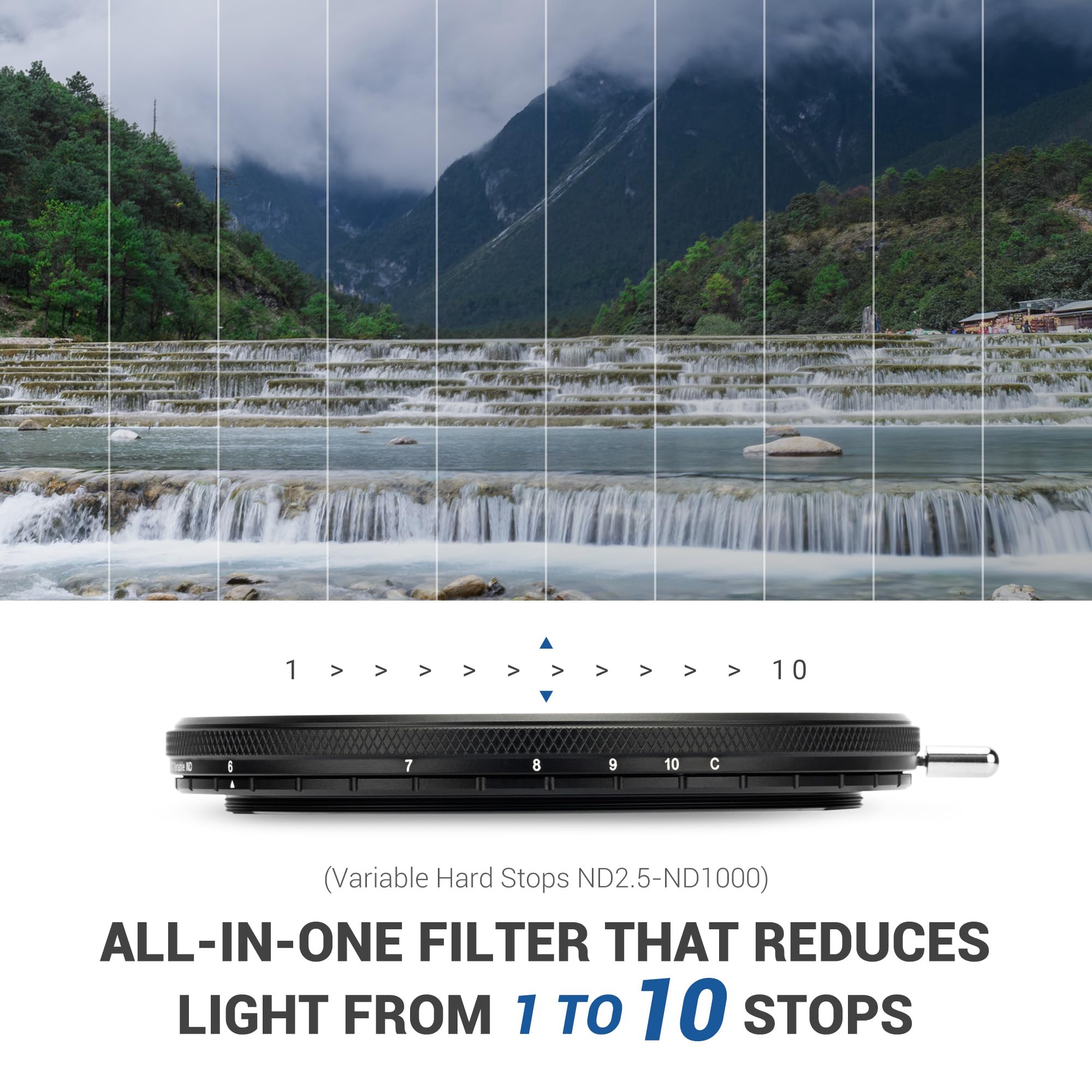 JJC Filtre 82mm ND Variable True Color ND2.5-ND1000 10-Stop, Aucune Déformation des Couleurs Filtres ND2.5-32 Densité Neutre Austable avec ND32 Fixe pour Objectif Appareil Photo, Pas de X Croix Noire