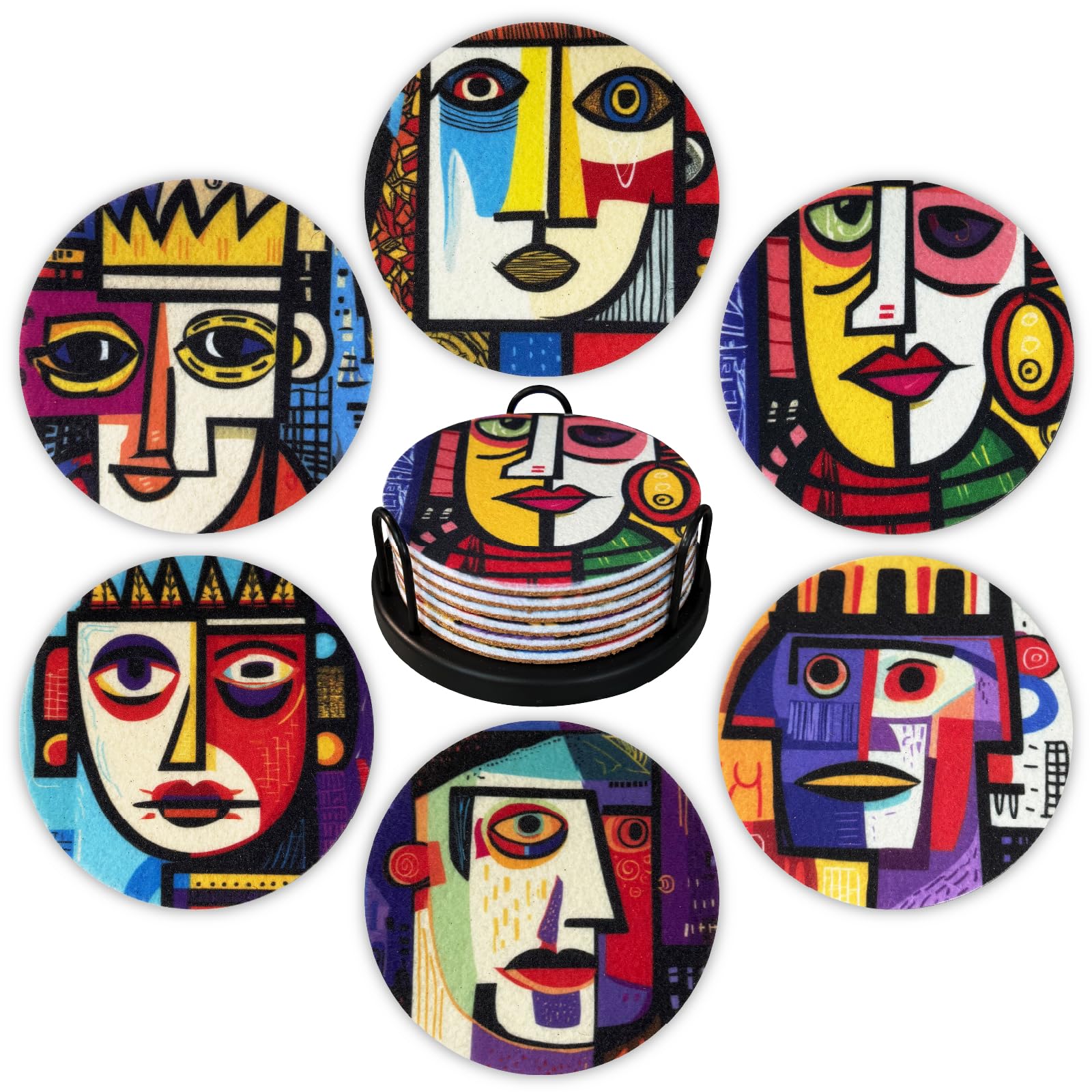 Picasso Style Felt Coasters Set of 6, Round Absorbent Drink Coasters, Non-Slip Cork Backing, Removable Holder
