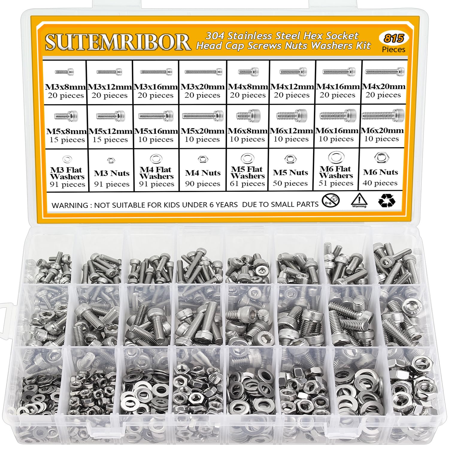 815 Pieces M3 M4 M5 M6 Hex Socket Head Cap Screws Nuts Washers Assortment Kit, Metric Screw Assortment with Hex Wrenches, 304 Stainless Steel, Fully Threaded
