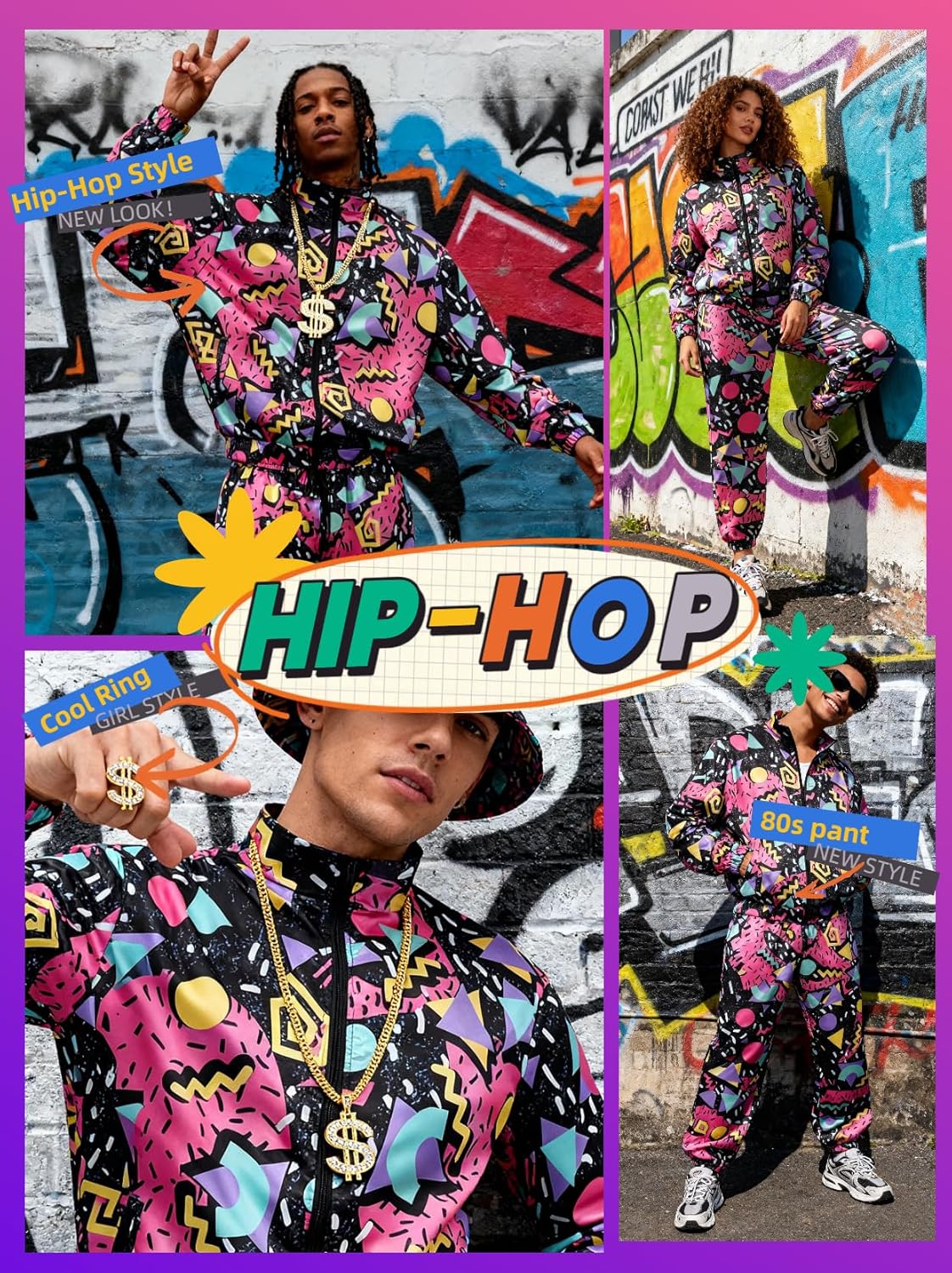 Verceco 80s Outfit for Men Neon Baggy Tracksuit Set 90s Vintage Couples Costumes for Adults Women Retro Hip Hop Windbreaker - Image 5