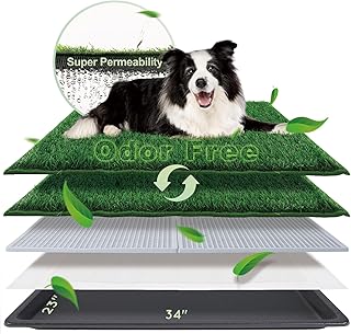 Dog Grass Pad with Tray Large 34’’×23’’, Dog Litter Box with Odor Free Artificial Grass Pee Pads for Dogs Potty Tray with Hemmed Edge, Realistic for Indoor Balcony