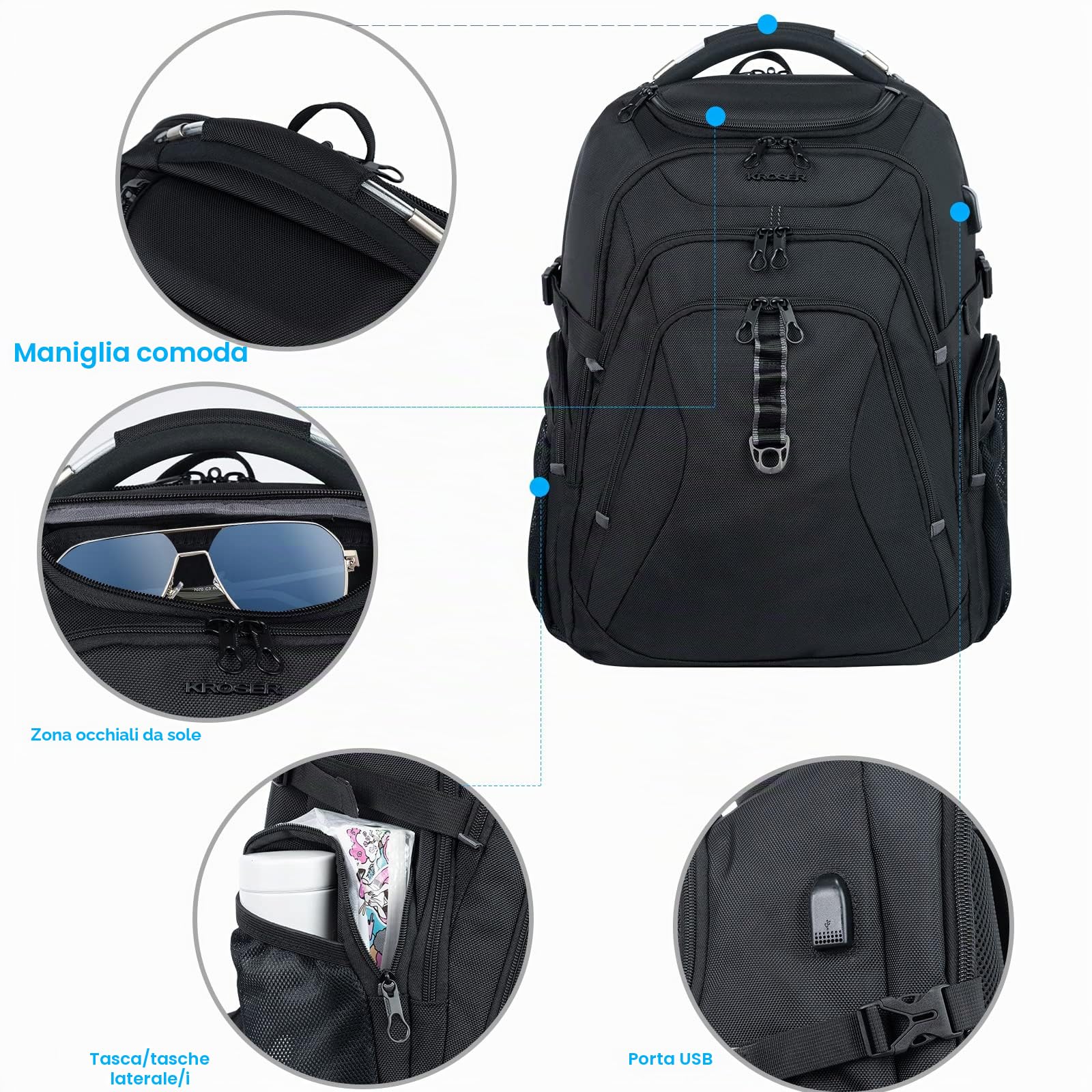 KROSER Zaino Business Porta Pc Zaino Per Laptop da 17,3 Pollici XL Zaino per Computer con Tasche RFID Saferoom con Guscio duro Daypack Idrorepellente Scuola Borsa per Laptop Viaggio/Uomo/Donna-Nero