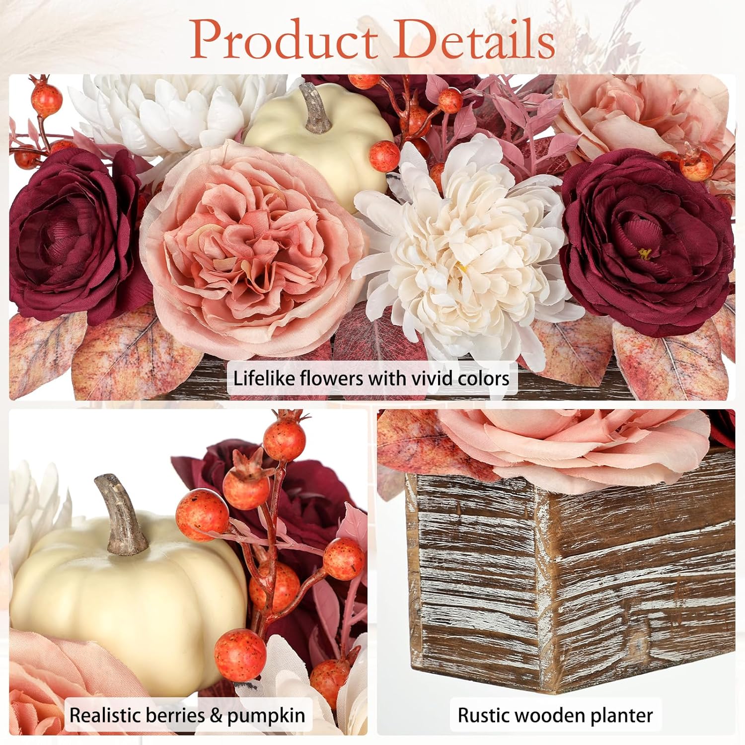 DILATATA Fall Decor Autumn Harvest Pumpkins Centerpiece - Artificial Rose Chrysanthemum Flowers Berries Arrangement in Rectangle Wooden Box for Thanksgiving Party Mantel Fall Decor - Image 3