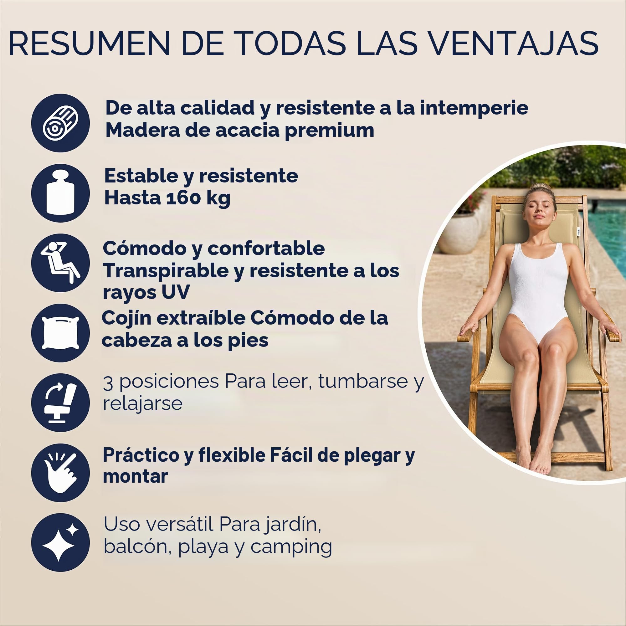 CASARIA® Tumbona Silla de Madera de Acacia Plegable 3 Posiciones Carga 160KG 94x94x60cm Sillas Jardín Playa Transpirable Hamaca Mueble Camping Exterior Beige Reposabrazos