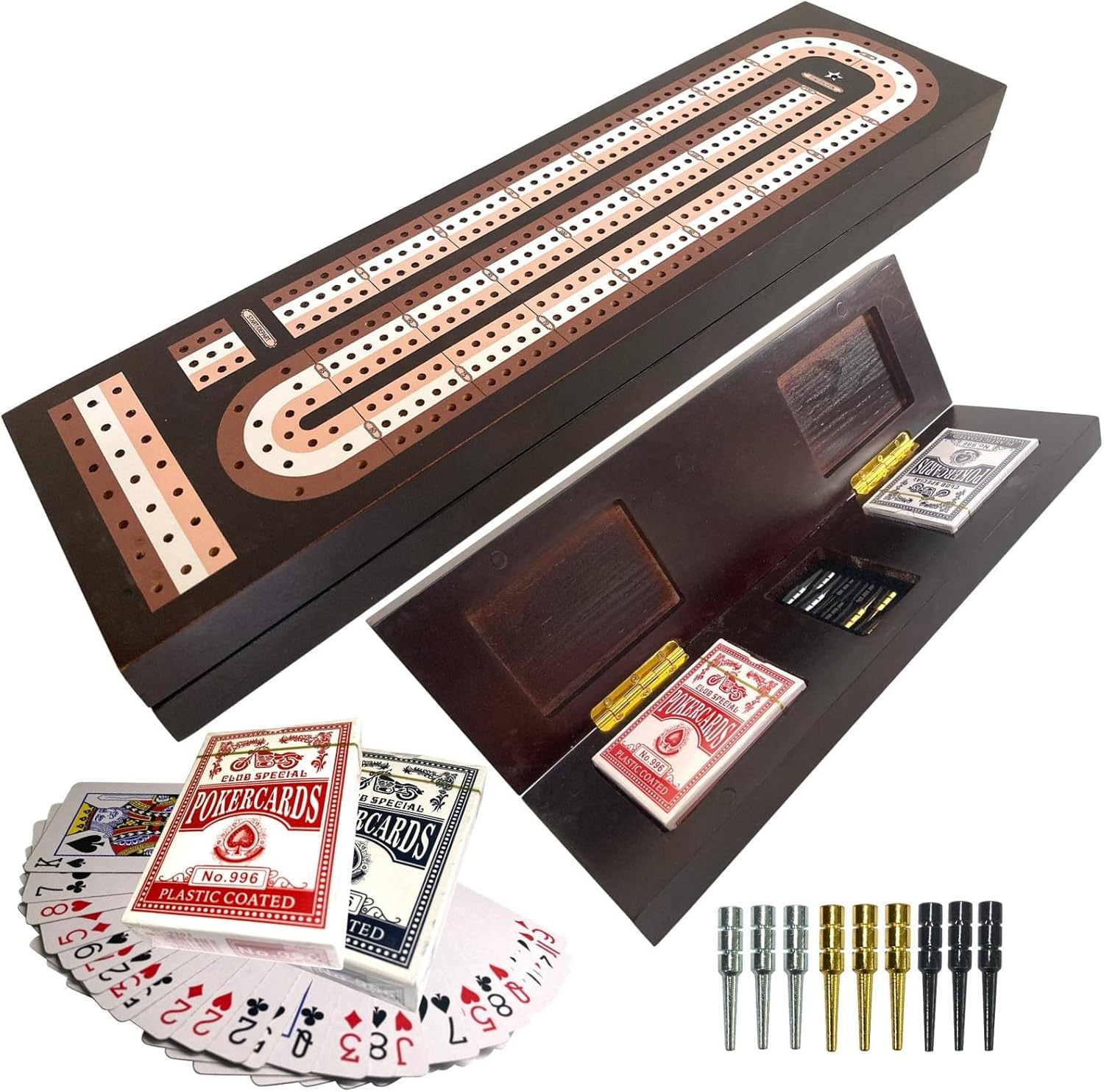 Cribbage Board Game Set, Premium Wooden Board with Magnetic Lock, Metal Pegs, 2 Playing Cards with Large Storage & Travel Portable – Continuous 3 Track Board (Dark1)