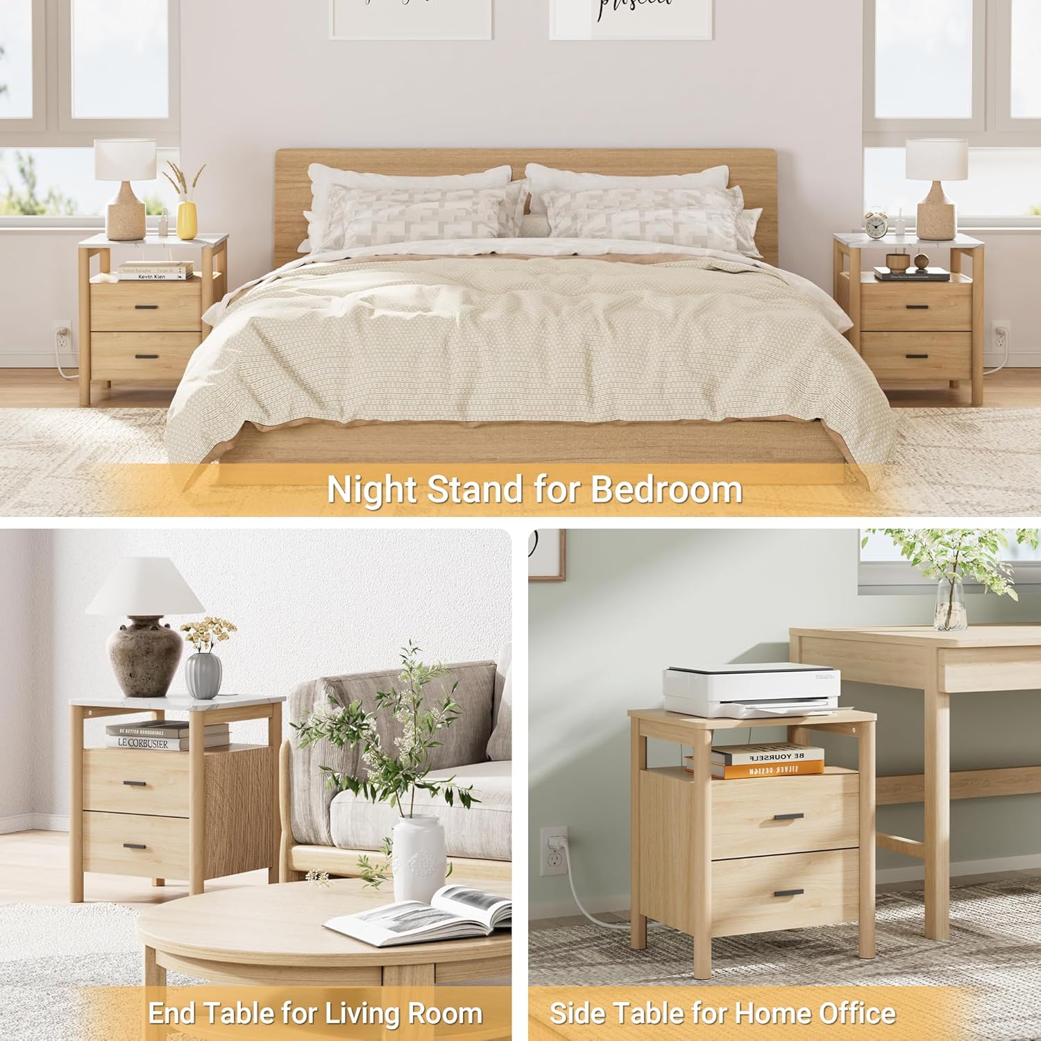 Night Stand, 20" Wide Nightstand, Modern Large Nightstand with Charging Station & Faux Marble Top, 2 Drawer End Table with Solid Round Post Legs, Bedside Table for Bedroom, Natural Oak