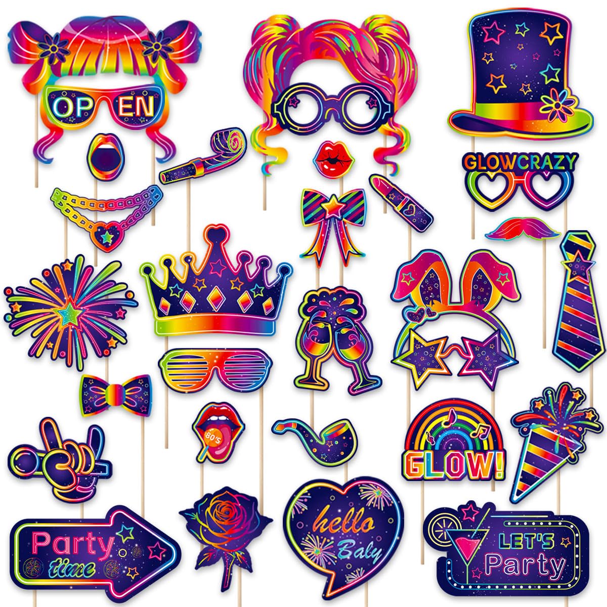 Kaluofan Neon Glow Party Photo Booth Props, 30 Pcs Neon Party Decorations Accessories, Fun Glowcrazy Photo Props For Neon Carnival Birthday Wedding Mardi Gras Disco And Glow In Parties Decoration