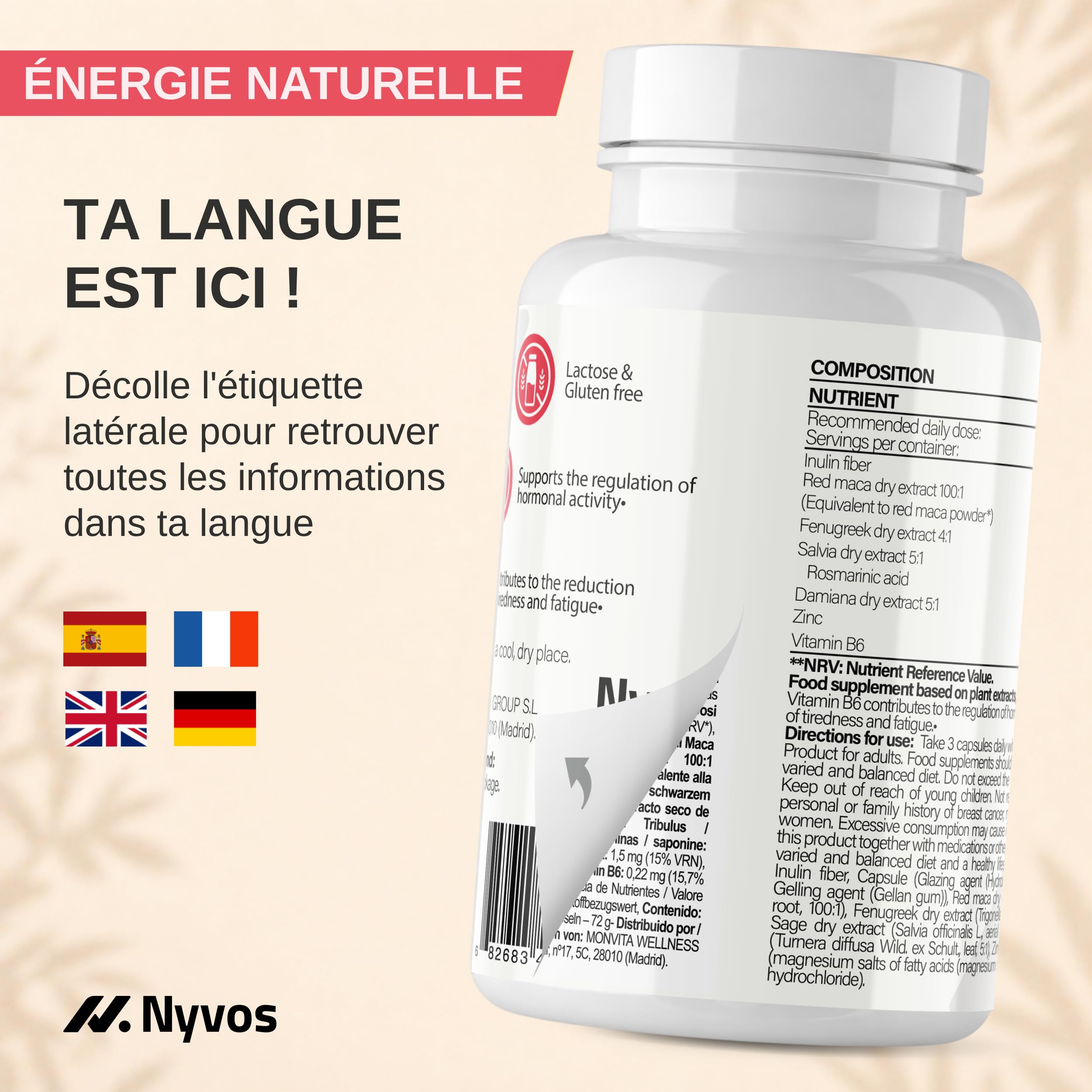 Maca Rouge Femme avec Sauge, Fenugrec et Damiana – Équilibre Hormonal Féminin, Énergie et Bien-être – 25.000 mg Équivalents de Maca Rouge en Poudre – 180 Gélules, 60 Doses – Nyvos