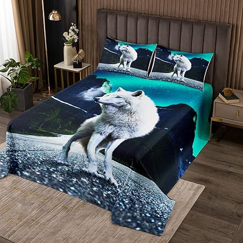 Erosebridal - Juego de colcha de lobo con diseño de lobo, color verde, con 2 fundas de almohada, decoración de dormitorio y tamaño King