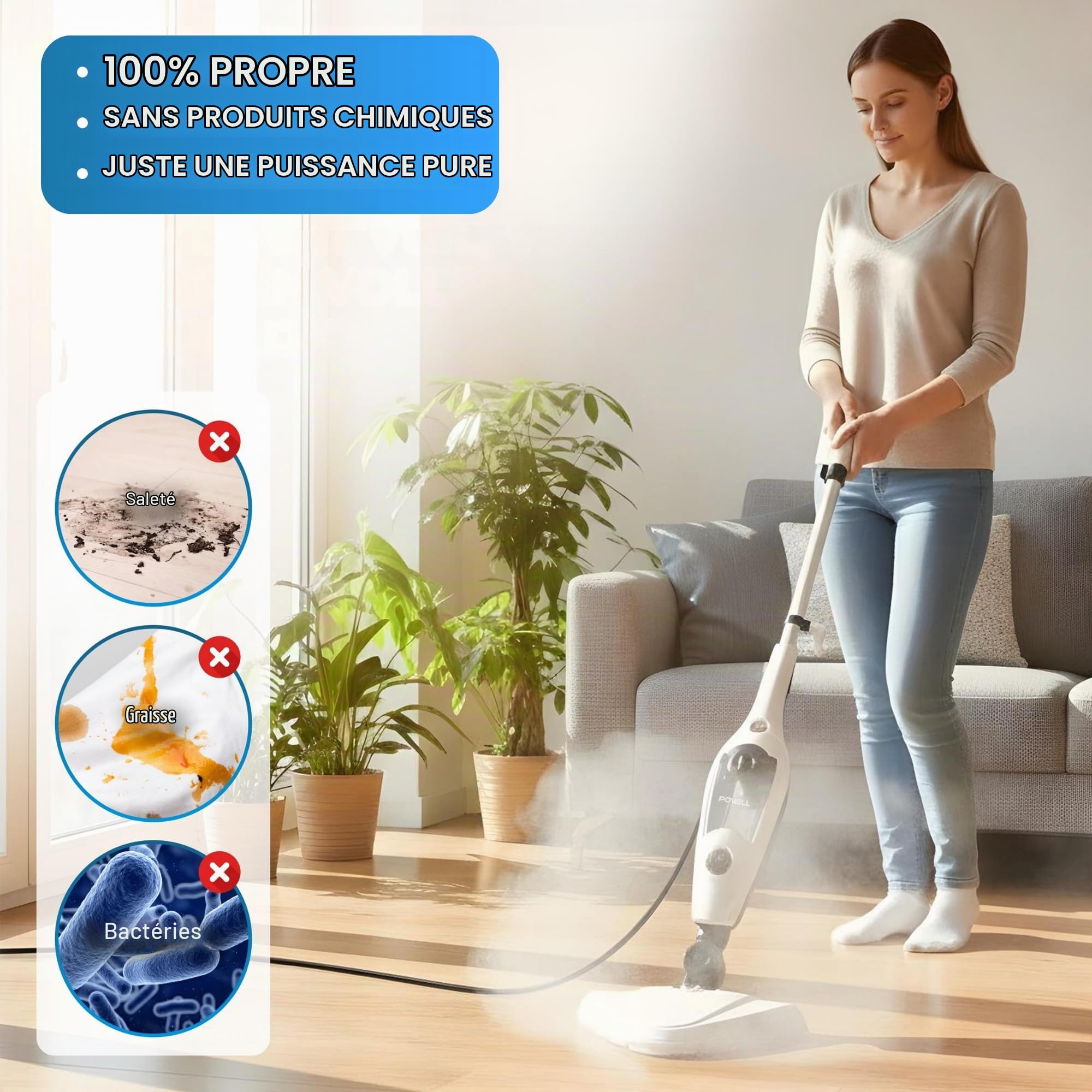 Powell Balai Vapeur 12 en 1 - Nettoyeur Vapeur Multifonction 1300 W pour Sols Durs, Tapis et Tissus d'Ameublement, sans Produits Chimiques, Blanc
