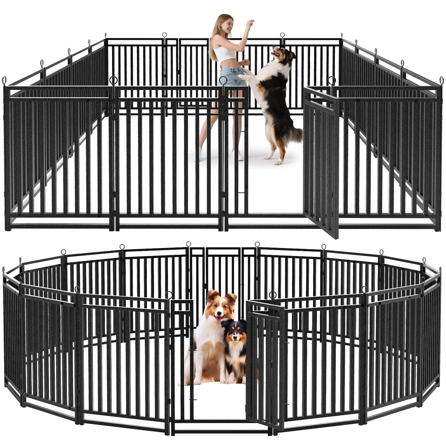 dog fence outdoor indoor, 40" inch height 16 panels dog playpen for large/medium/small dogs metal dog pen for yard camping and rv | black-silver