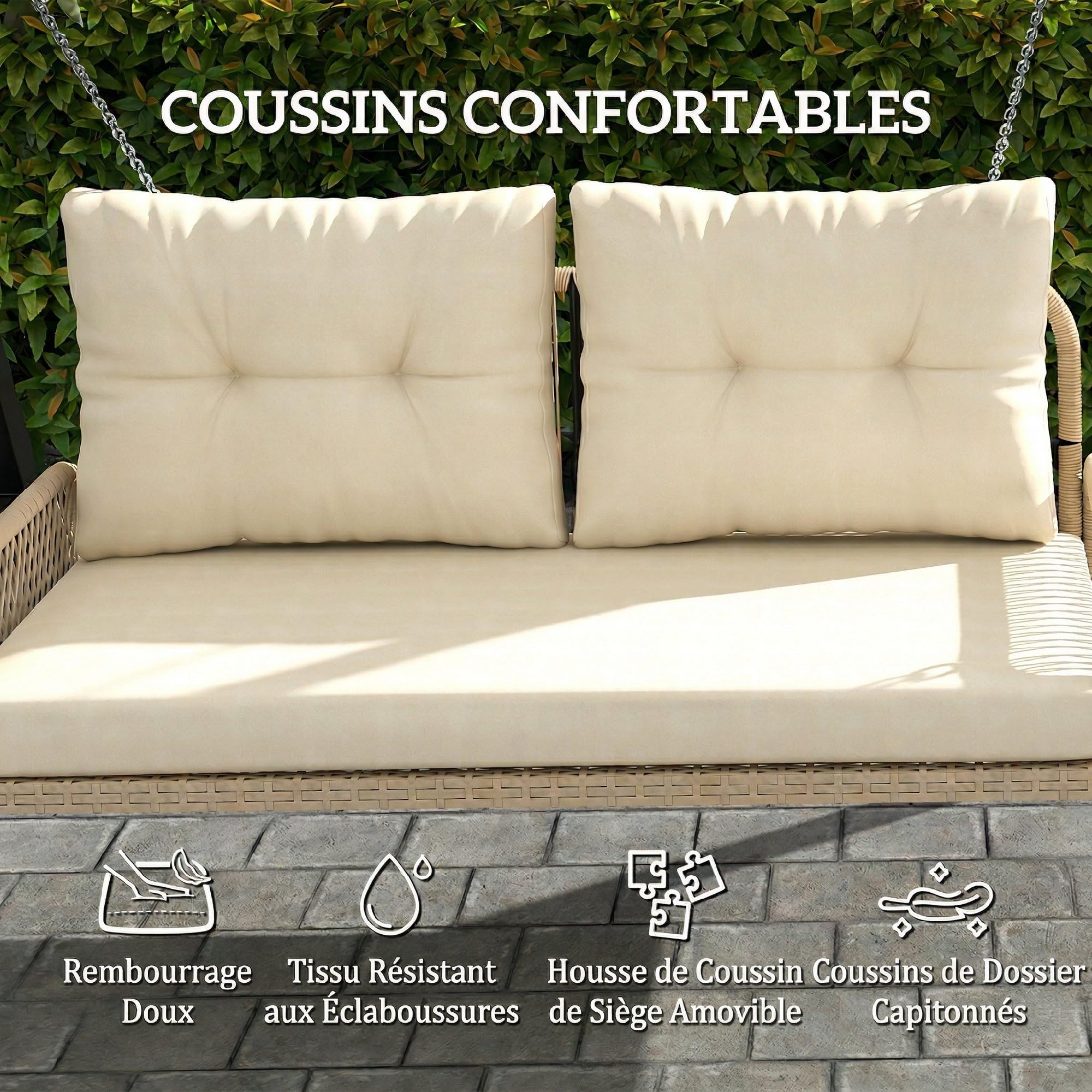 Outsunny Balancelle de Jardin en Résine Tressée 2 Places avec Coussins Amovibles, Charge 240 kg, 115x66x44cm, Beige