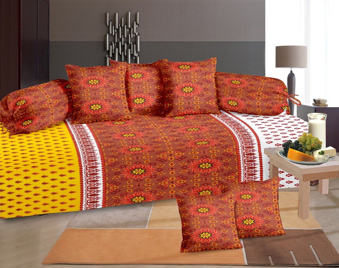 Shobhraj Cotton Diwan Set of 8 Pieces, 1 Single Bedsheet, 5 Pillow Cover and 2 Bolster Covers (Multicolour, Standard Size)-image-31