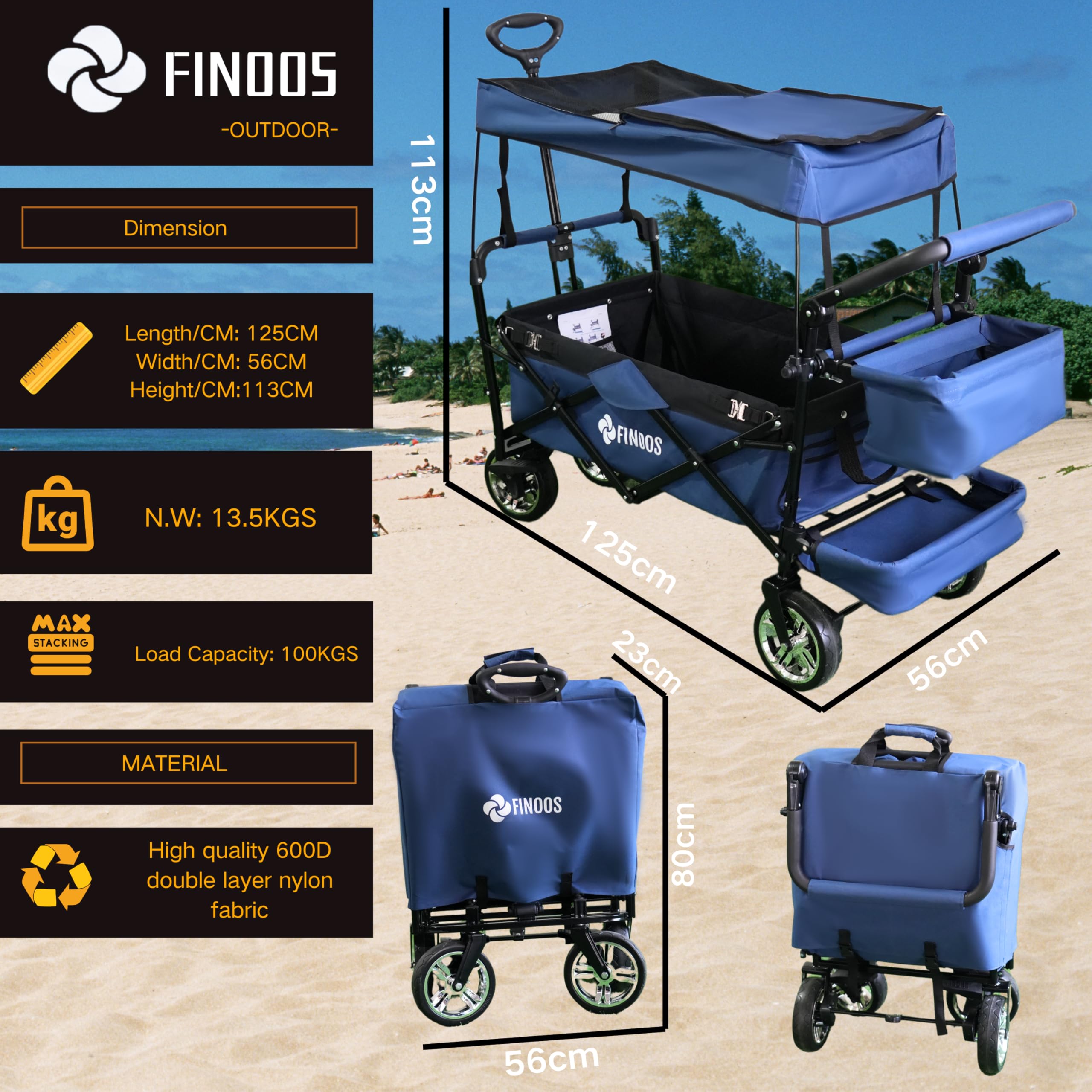 FINOOS Chariot de Transport Pliable avec Toit | Charrette à Bras | Chariot à roulettes | Remorque de Transport | 2 Poches en Mesh et Une Poche extérieure fournies | Pliable (Bleu Marine)