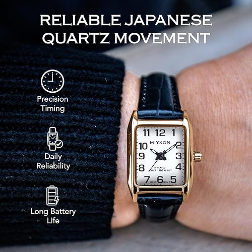 Miniatura 4 de Miykon Relojes vintage para mujer, pequeño y delicado, reloj cuadrado para mujer con piel auténtica, pulido iónico, luminoso y segundero, vidrio