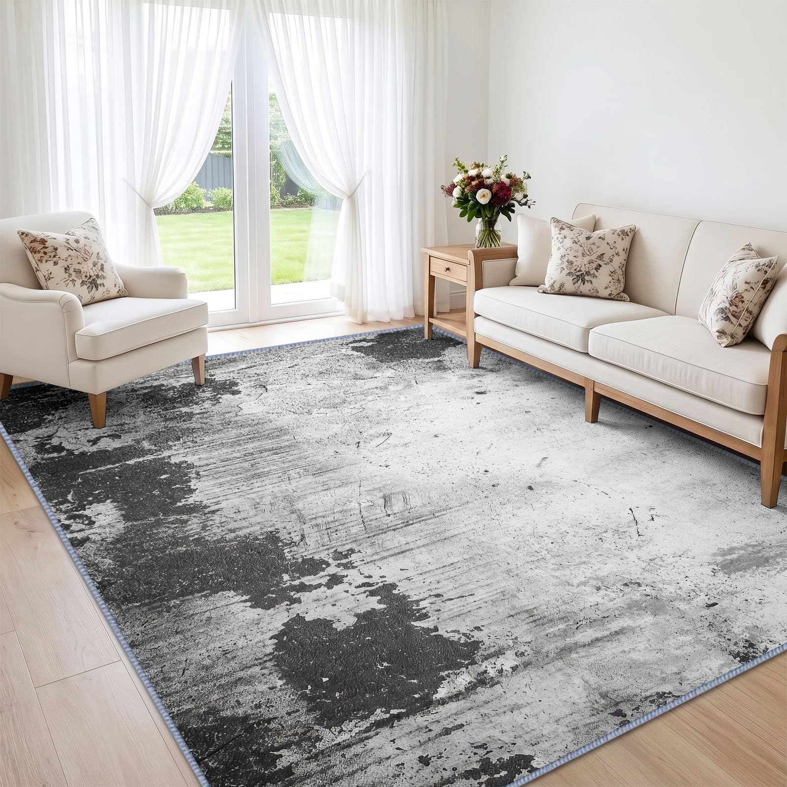 Tapis en Flanelle Douce 160 x 230 cm Abstrait Texture Rugueuse Vieilli Tapis de Salon Moderne, Antidérapant et Lavable en Machine – Idéal Chambre, Couloir – Poils Courts Facile à Nettoyer, Gris