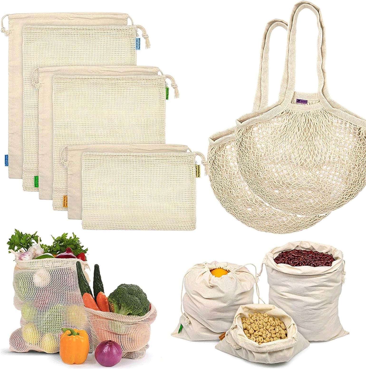 U-HOOMEReusable Produce Bags, Organic Cotton Mesh Grocery Bags, Eco-friendly Foldable Washable Cotton Grocery Bags with Drawstring Lock for Shopping & Storage.Food Safe, Tare Weight Tag