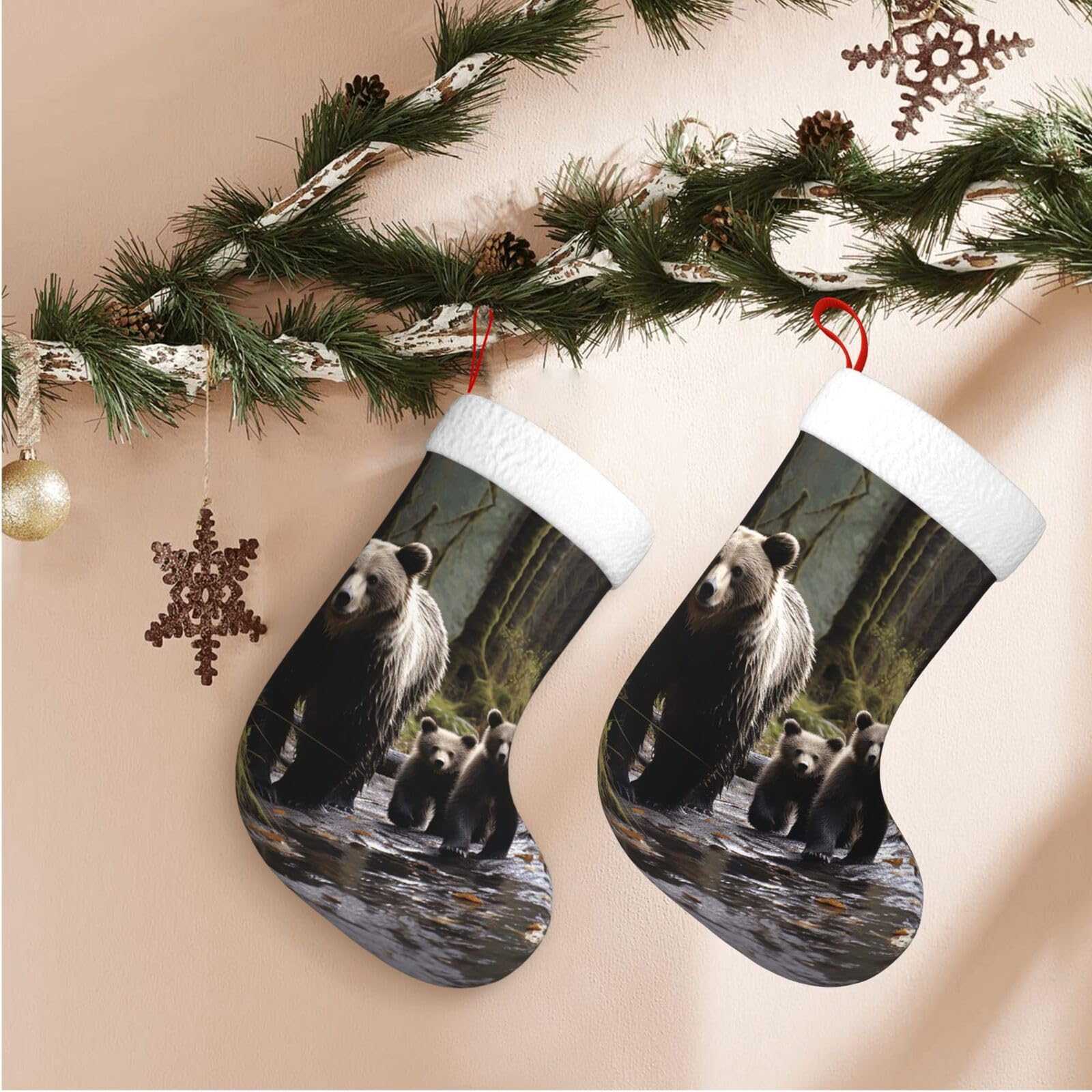 Fodpand Boys Black Mother Bear And Her Cubs Christmas Stockings Hanging Ornaments For Holiday Decor, 18 Inches Velvet Xmas Stocking With White Plush Cuff, Candy Gift Bags For Christmas Decorations