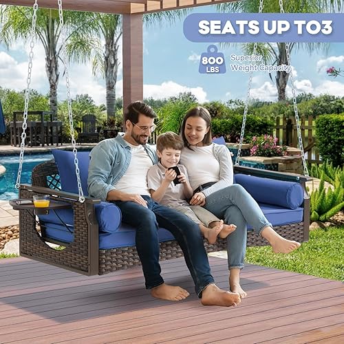 Miniatura 4 de Columpio colgante de mimbre para porche de 3 asientos, banco de columpio de patio de 60 pulgadas con bandejas de té y 3 cojines de respaldo, silla