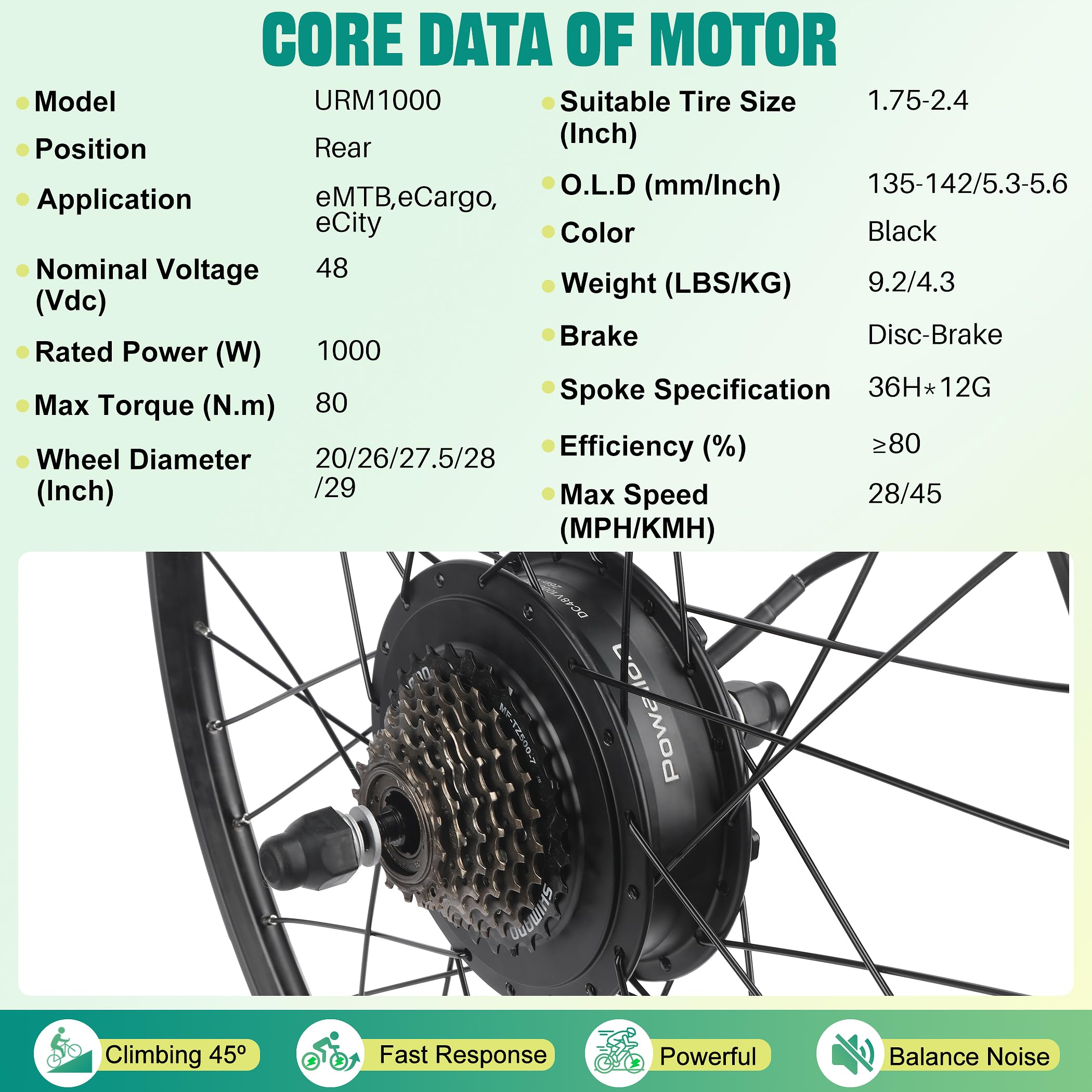 26 Inch Rear Wheel Ebike Conversion Kit – 48V 1000W Motor, 80 N.m Torque, 28 MPH, O.L.D 140 mm