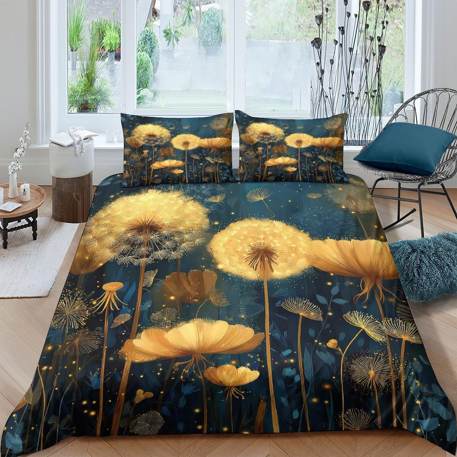 TUFRTGYHN 3D Printed Golden Dandelion Duvet Cover Microfiber Soft Breathable Night Garden Bedding Set with 2 Pillowcases for Bedroom Home Single（135x200cm）