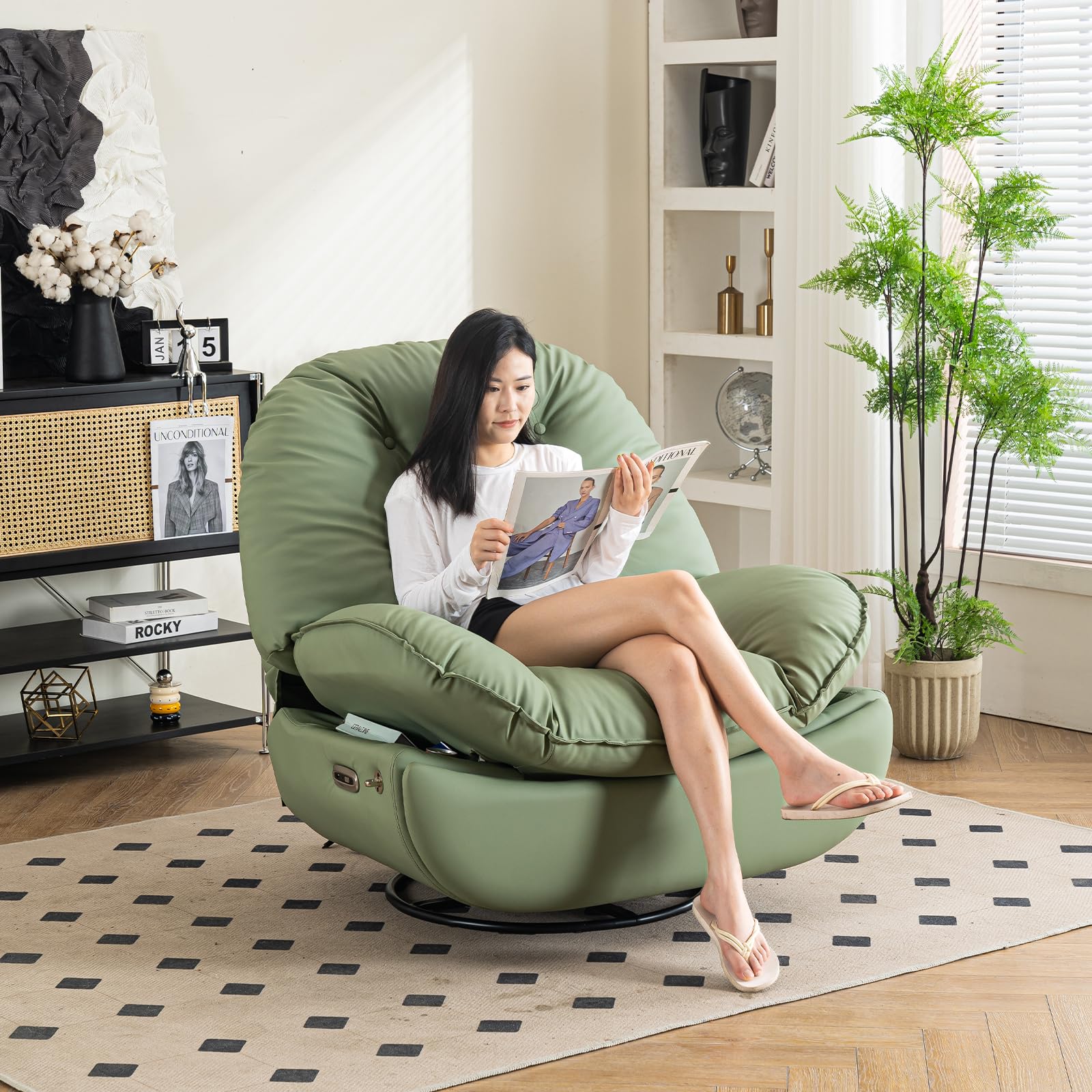 Oversized Electric Recliner Chair, 360 Swivel Rocking Glider Rocker for Adults Modern Ergonomic Lounge for Living Room Phone Stand& Smart Voice Control Theater Seating (Black, Silicone Leather)