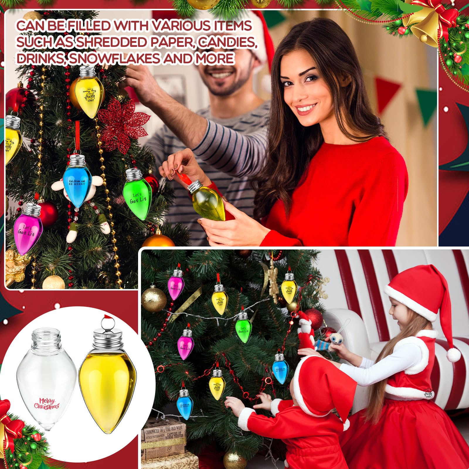 Baquler Lot de 50 boules de Noël en forme de verre à liqueur en plastique à remplir pour sapin de Noël - Ampoules transparentes pour décoration de fête d'intérieur et d'extérieur (gouttes d'eau)