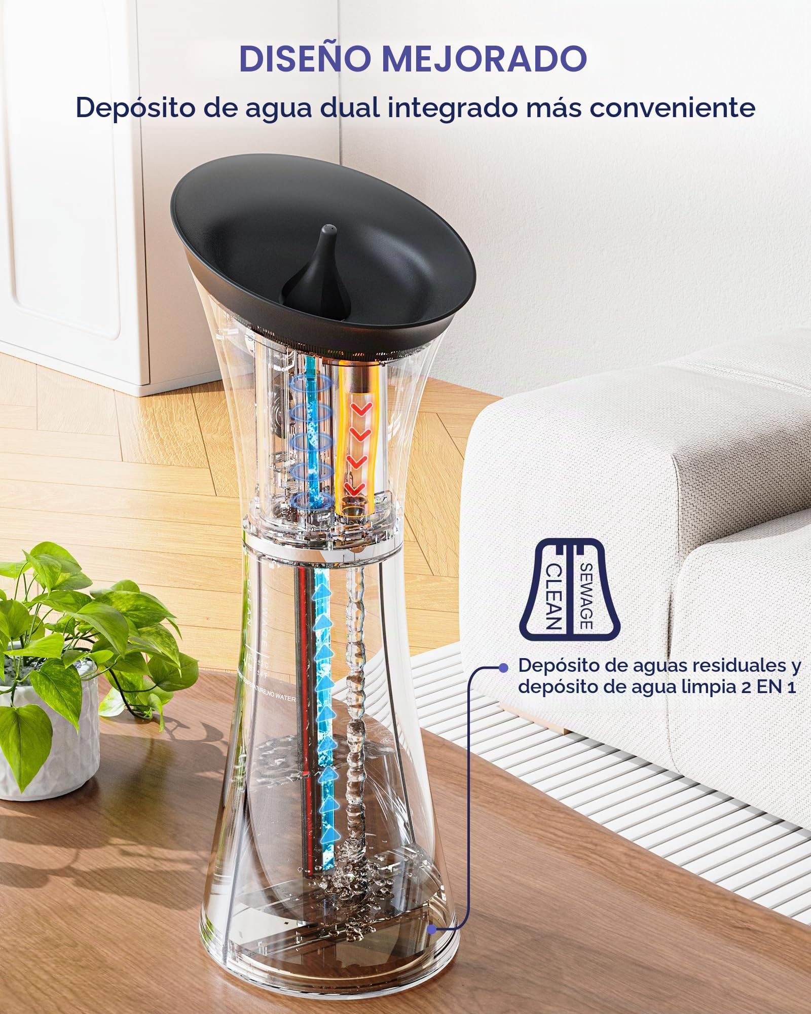 Limpiador de oídos para adultos con tanque doble y sensor de temperatura inteligente, Limpiador de oídos eléctrico IPX7 impermeable semitransparente 3 puntas de oído
