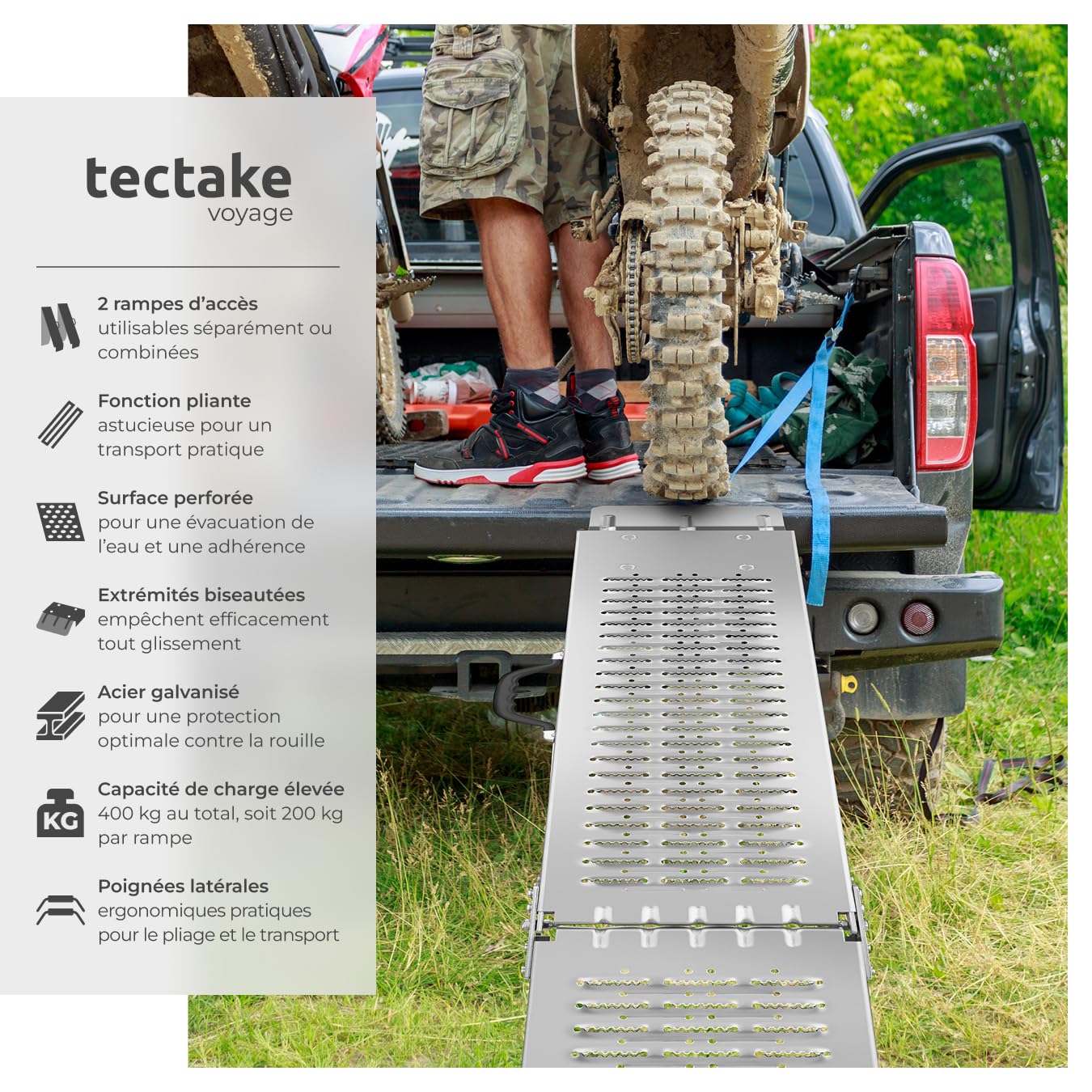 tectake® 2X Rampe d'accès 400 kg, Rampe de Chargement Pliable, en Acier galvanisé, Antidérapant, 200 kg pièce, 400 kg la Paire, Rampe Fauteuil Roulant Moto Quad Voiture Vélo éléctrique Tondeuse Chien