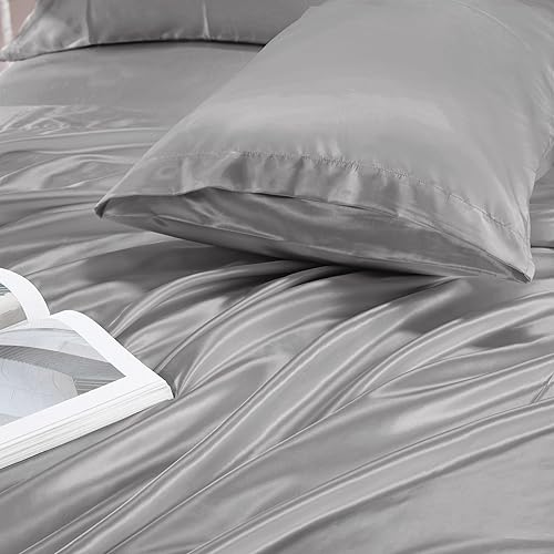Miniatura 7 de Heywaller Juego de sábanas de satén de 4 piezas tamaño Queen, sábanas de satén gris plateado, sedosas y lujosas, juego de cama suave de bolsillo