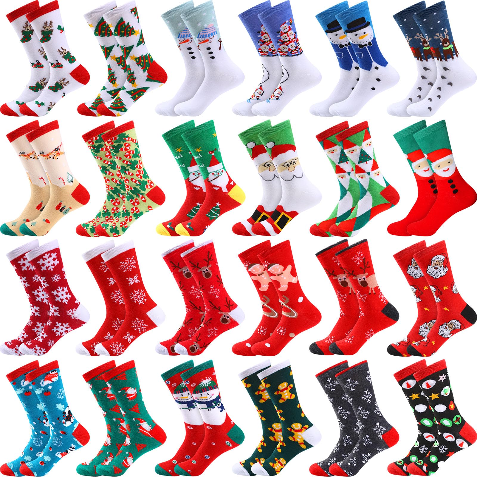 Handepo 24 Paar warme weiche Weihnachtssocken Xmas Crew Urlaub Socken Bunte Festliche Socken für Jugendliche Frauen Neuheit